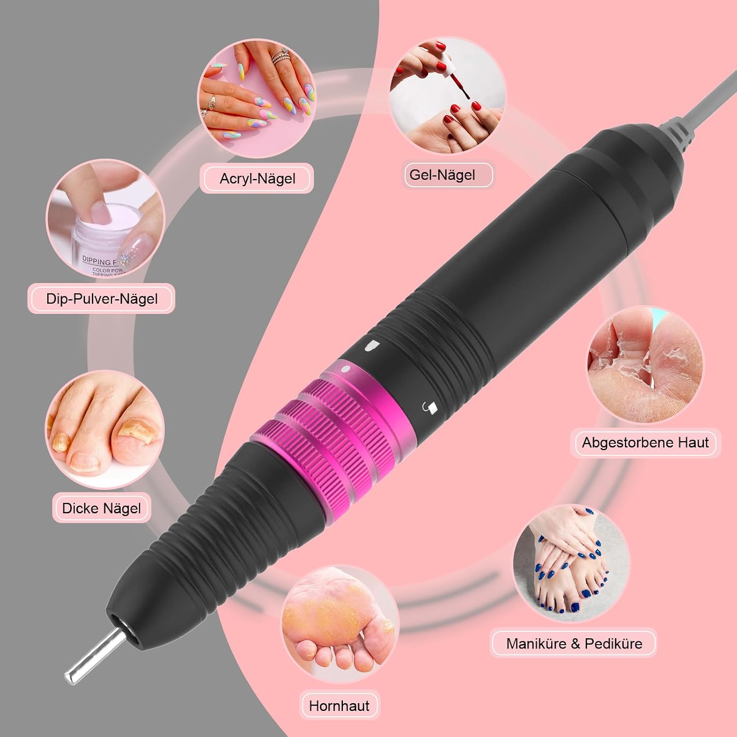 Thumbnail 6 de Elektrische Nagelfräser für Gelnägel (bis zu 35.000 U/Min) – wiederaufladbare Nagelfeile für Maniküre & Pediküre, 6 Bohrer-Set – Grau