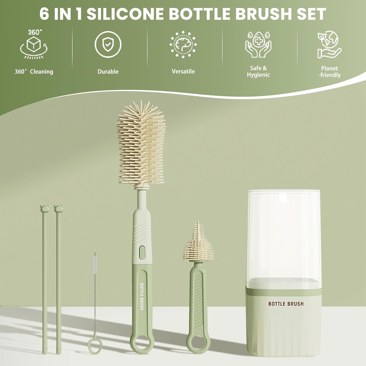 Thumbnail 1 de Baby Bottle Brush Cleaner Set – 360° Rotating 6‑in‑1 Silicone Kit with Travel Case