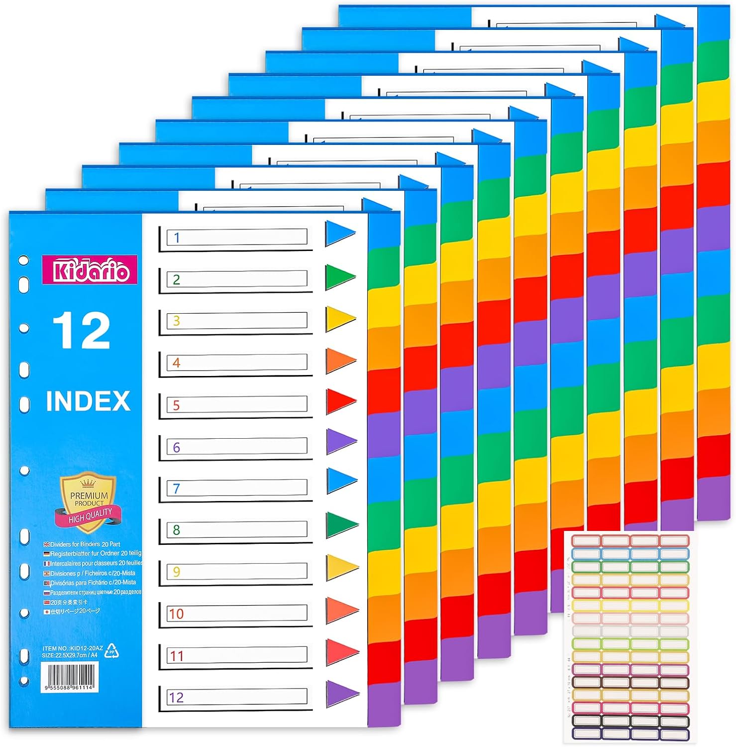 Detalle de A4 File Dividers 10-Pack (12-Part) Coloured Plastic Dividers with Sticky Notes for Lever Arch Files