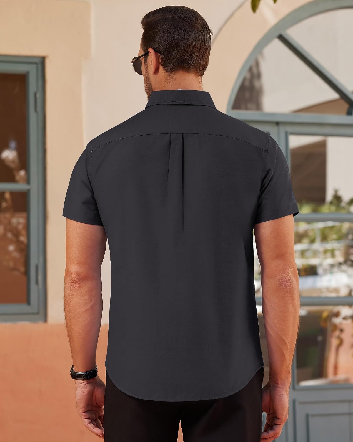 Detalle de J.VER Men’s Short Sleeve Smart Casual Oxford Shirt (Regular Fit) – Plain Button-Down Cotton