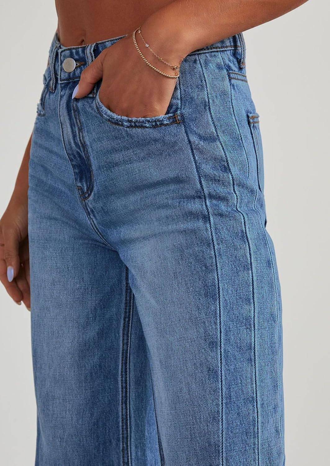 Detalle de PRETTYGARDEN Women's Wide-Leg Jeans with Stretch, High Waist and Raw Hem