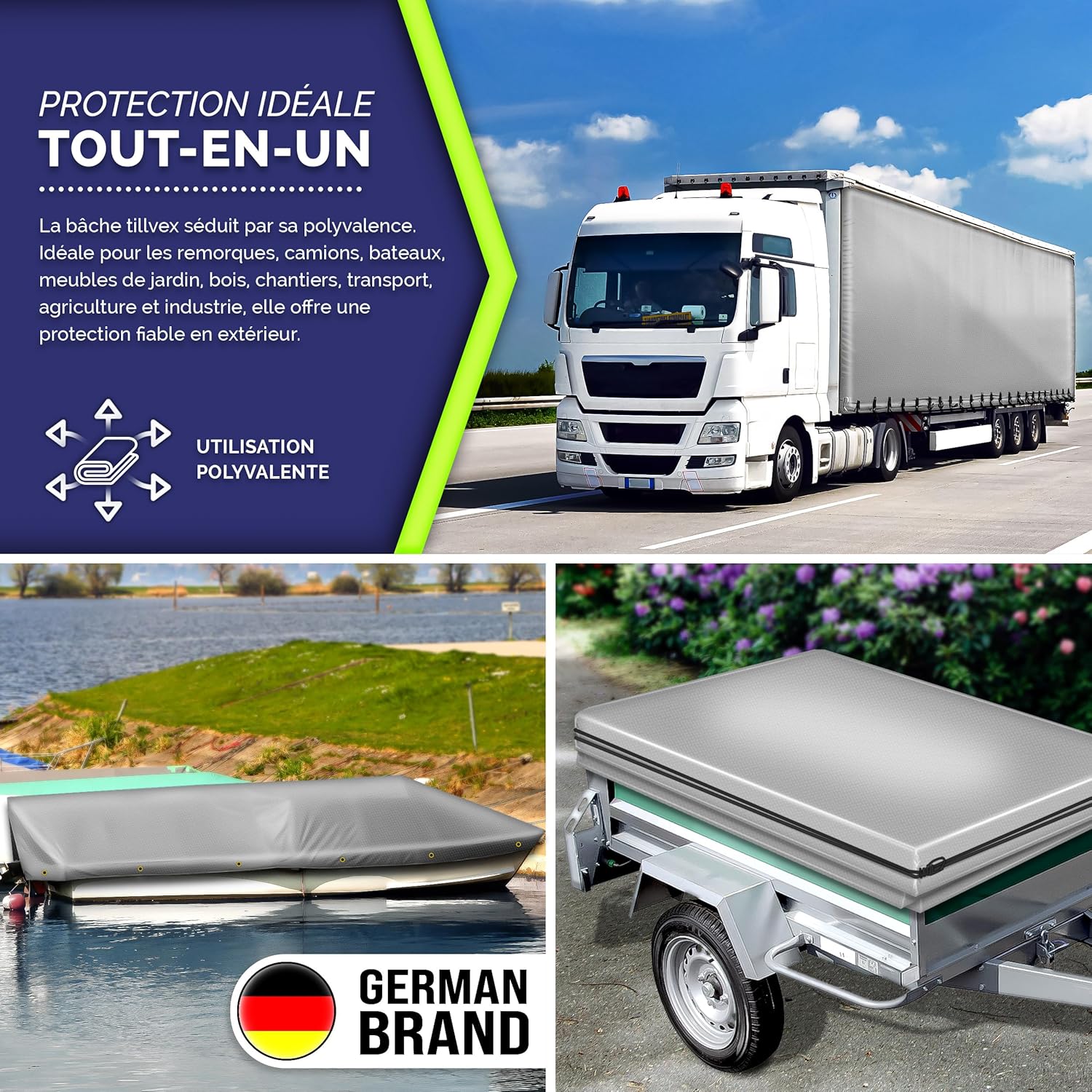 Thumbnail 5 de tillvex® Bâche de protection PVC 650 g/m² avec œillets, 10 crochets et corde de tension (15 m)