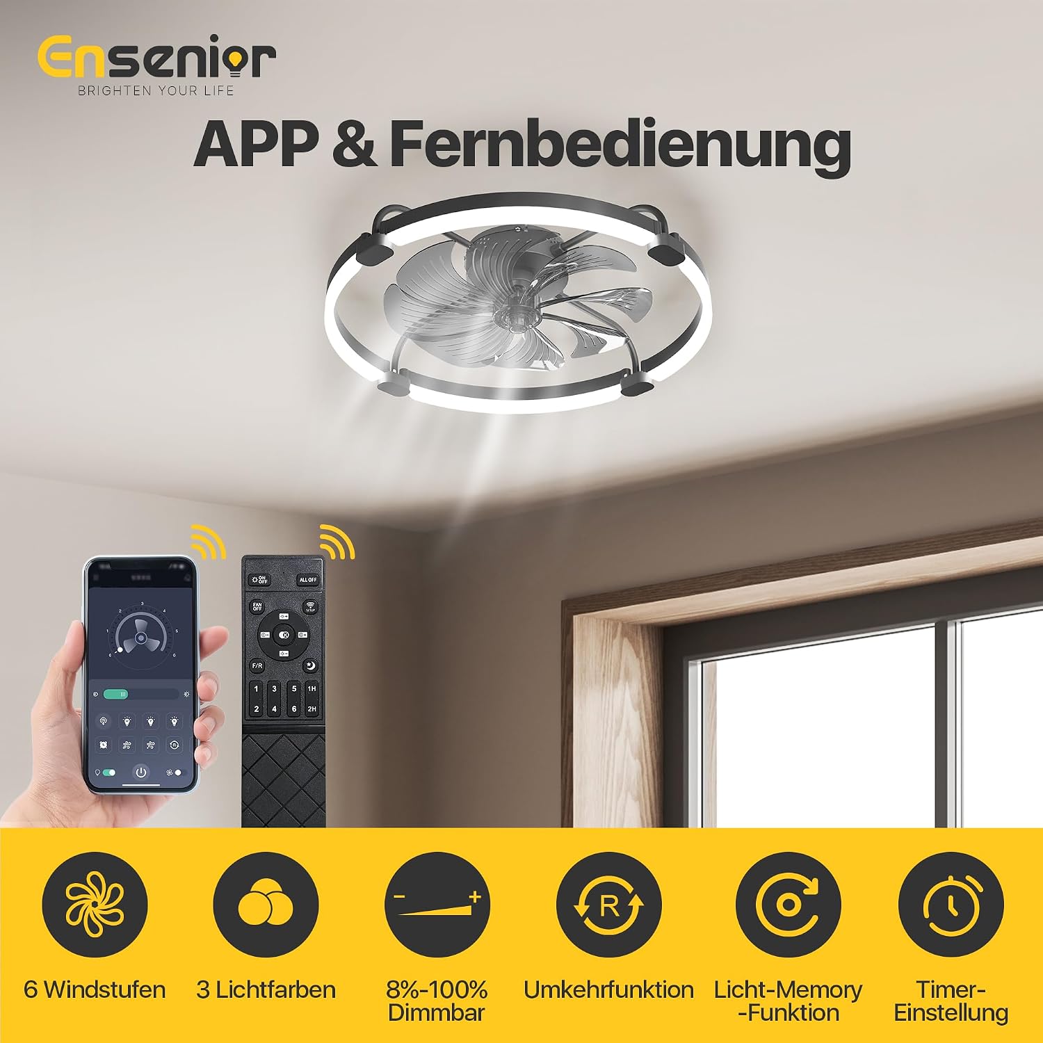 Thumbnail 2 de Ensenior Deckenventilator mit Beleuchtung – 50 cm, flaches Design, 6 Stufen, dimmbares Licht, Fernbedienung und App-Steuerung