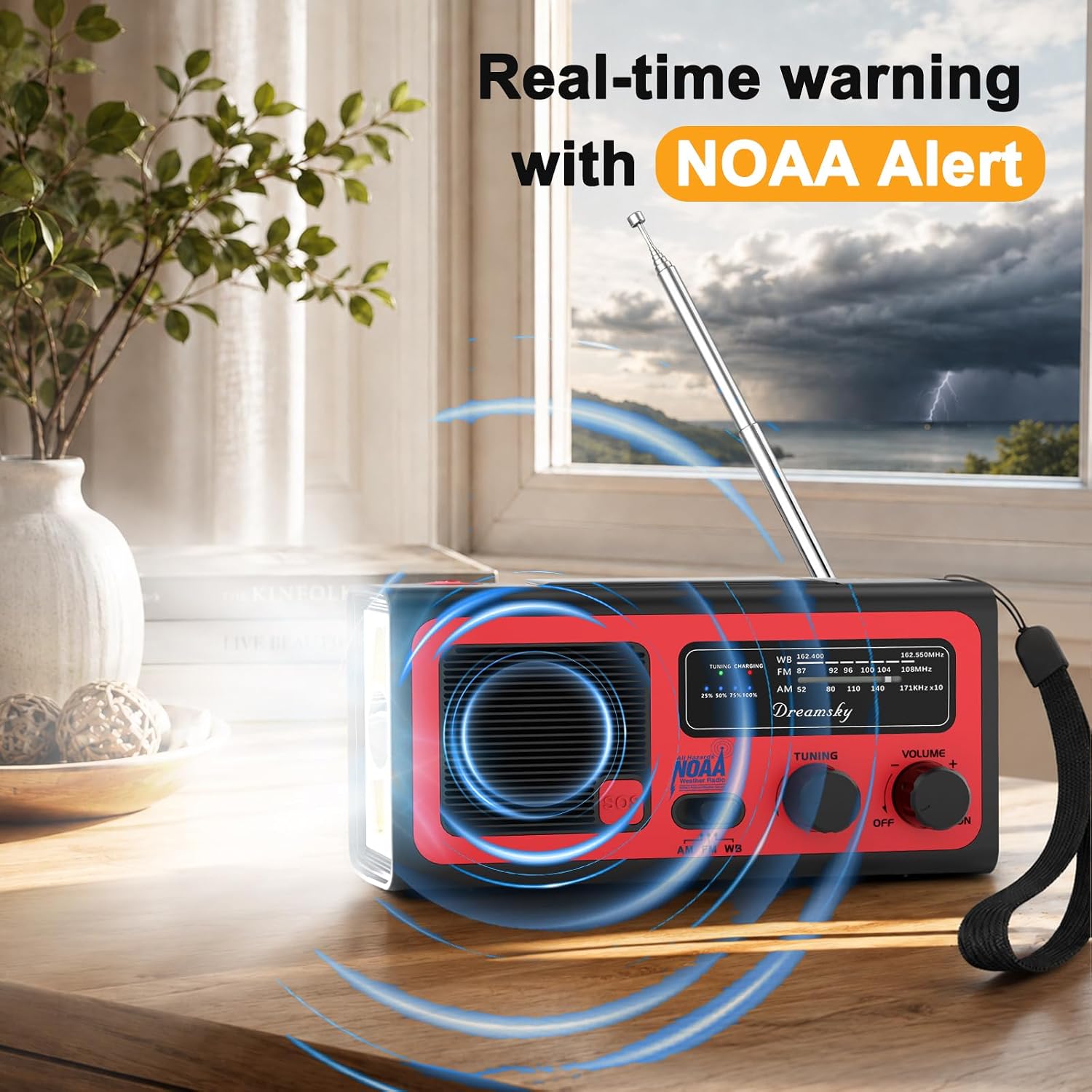 Detalle de DreamSky NOAA Emergency Radio with Hand Crank, Solar Charging, SOS Alarm and Light