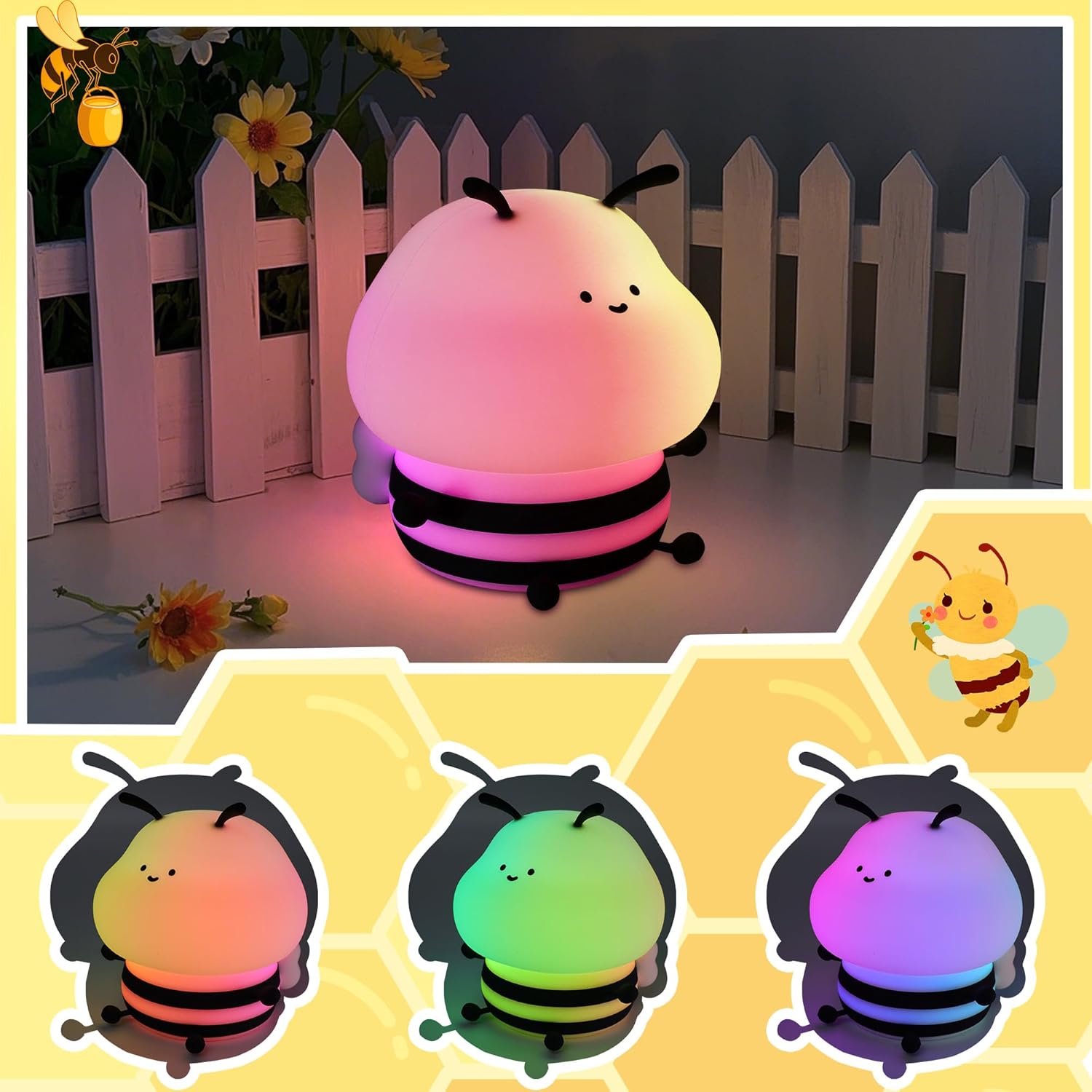 Thumbnail 2 de YuanDian Cute Bee Night Light for Kids — Soft Silicone Nursery Lamp with 7 Colours and Dimmable Tap Control