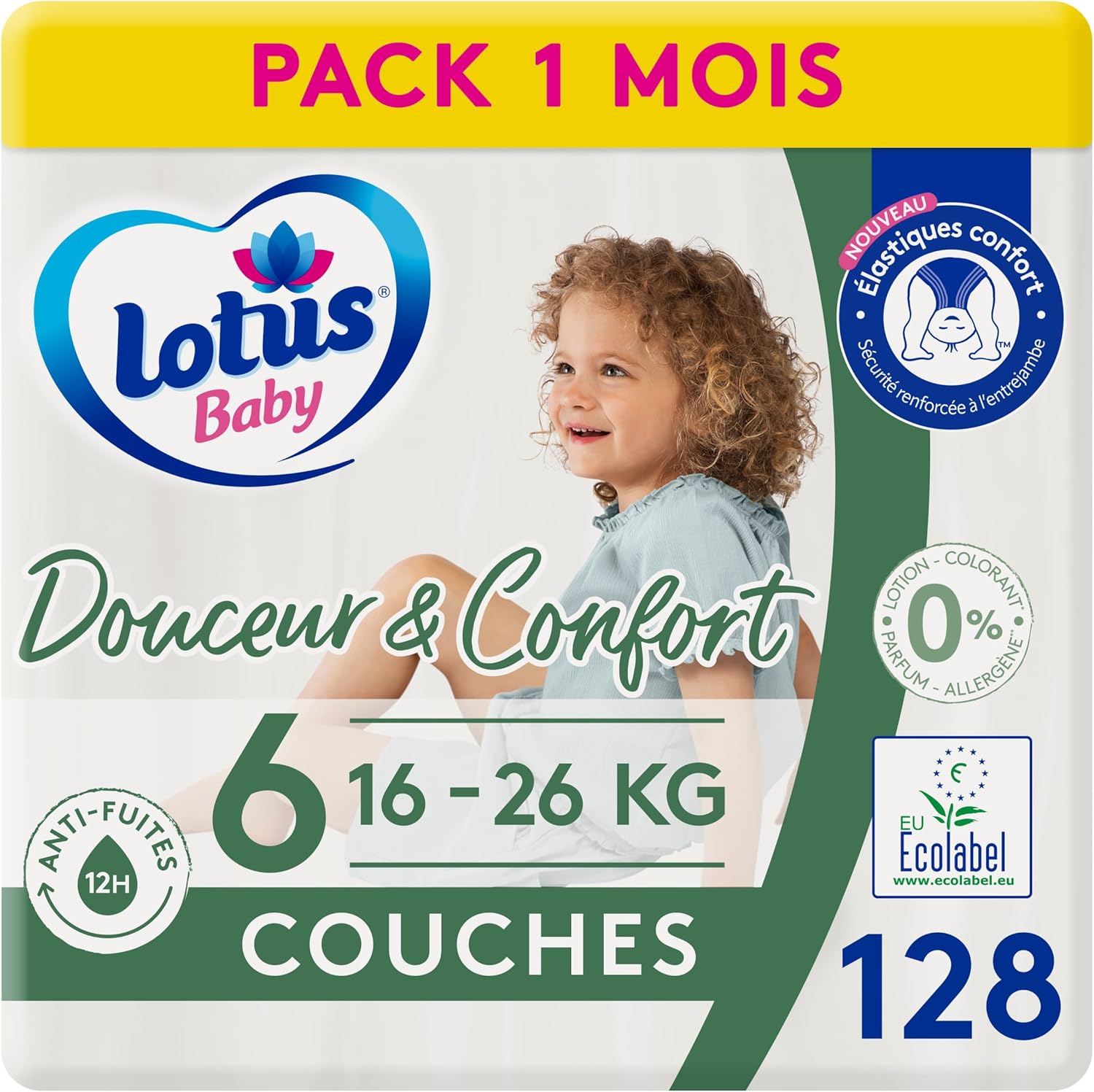 Detalle de Lotus Baby Douceur & Confort – Couches Taille 6 (16-26 kg) Pack 1 mois – 128 couches