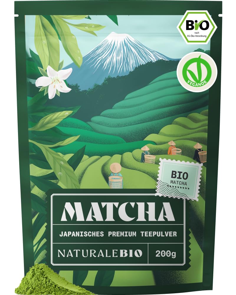 Detalle de NaturaleBio Matcha Tee Pulver Bio aus Japan (Uji, Kyoto) – 200 g für Latte, Smoothies & Matcha-Getränke