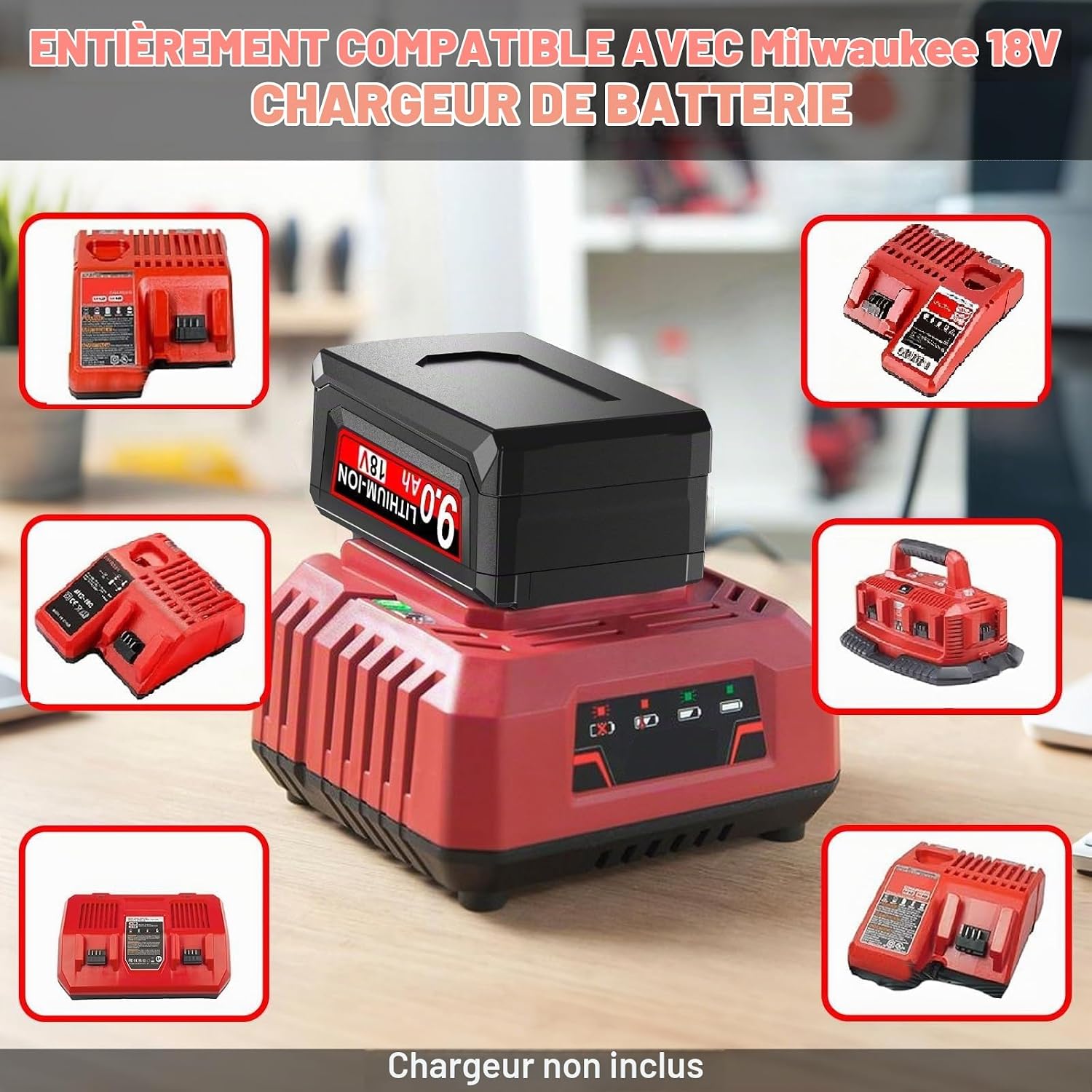 Detalle 2 de POWTREE 2 x 9,0 Ah accu voor Milwaukee M18, 18 V met ledindicator