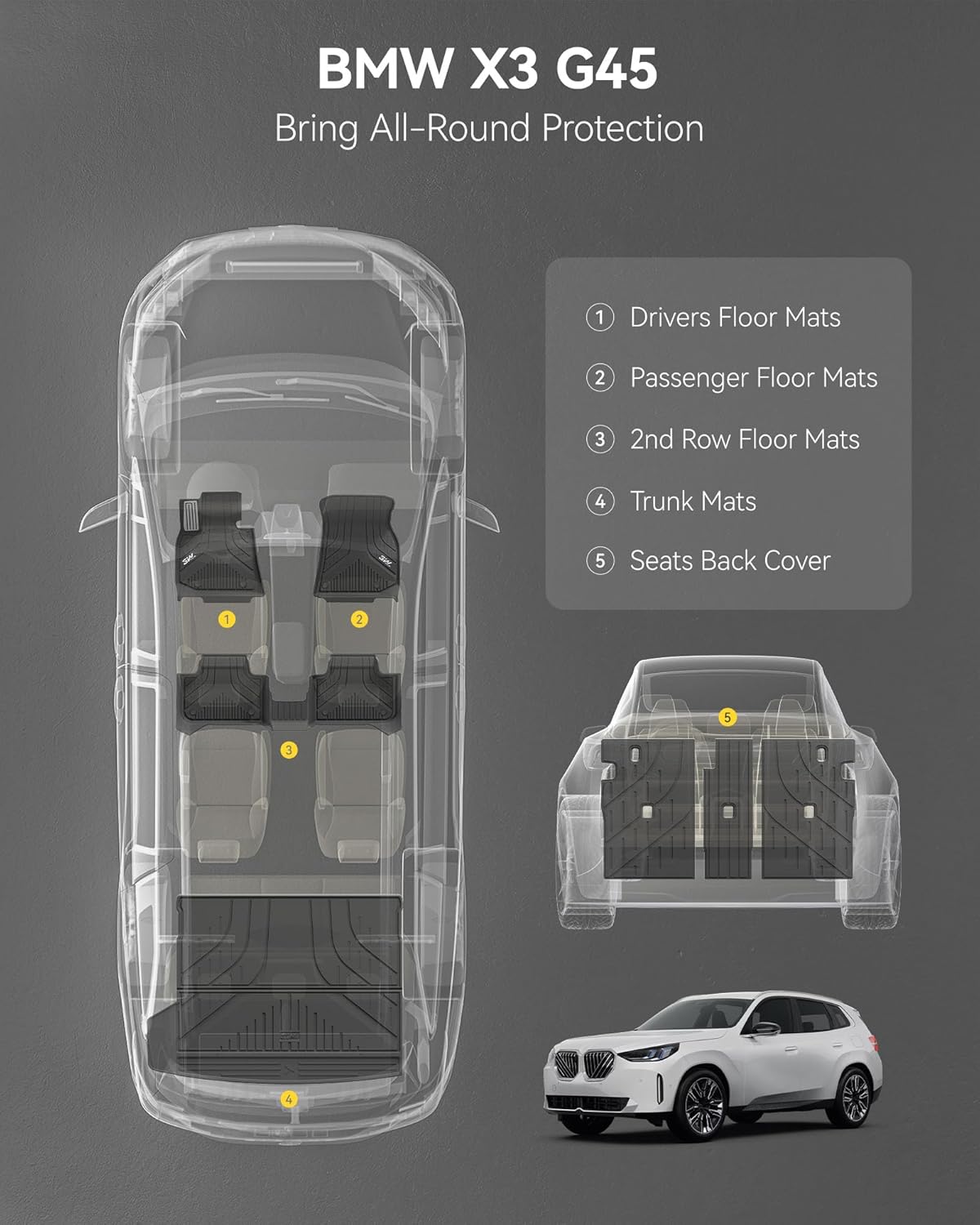 Thumbnail 1 de 3W Floor Mats & Cargo Liner Custom Set for 2025–2026 BMW X3 G45 (TPE All-Weather)