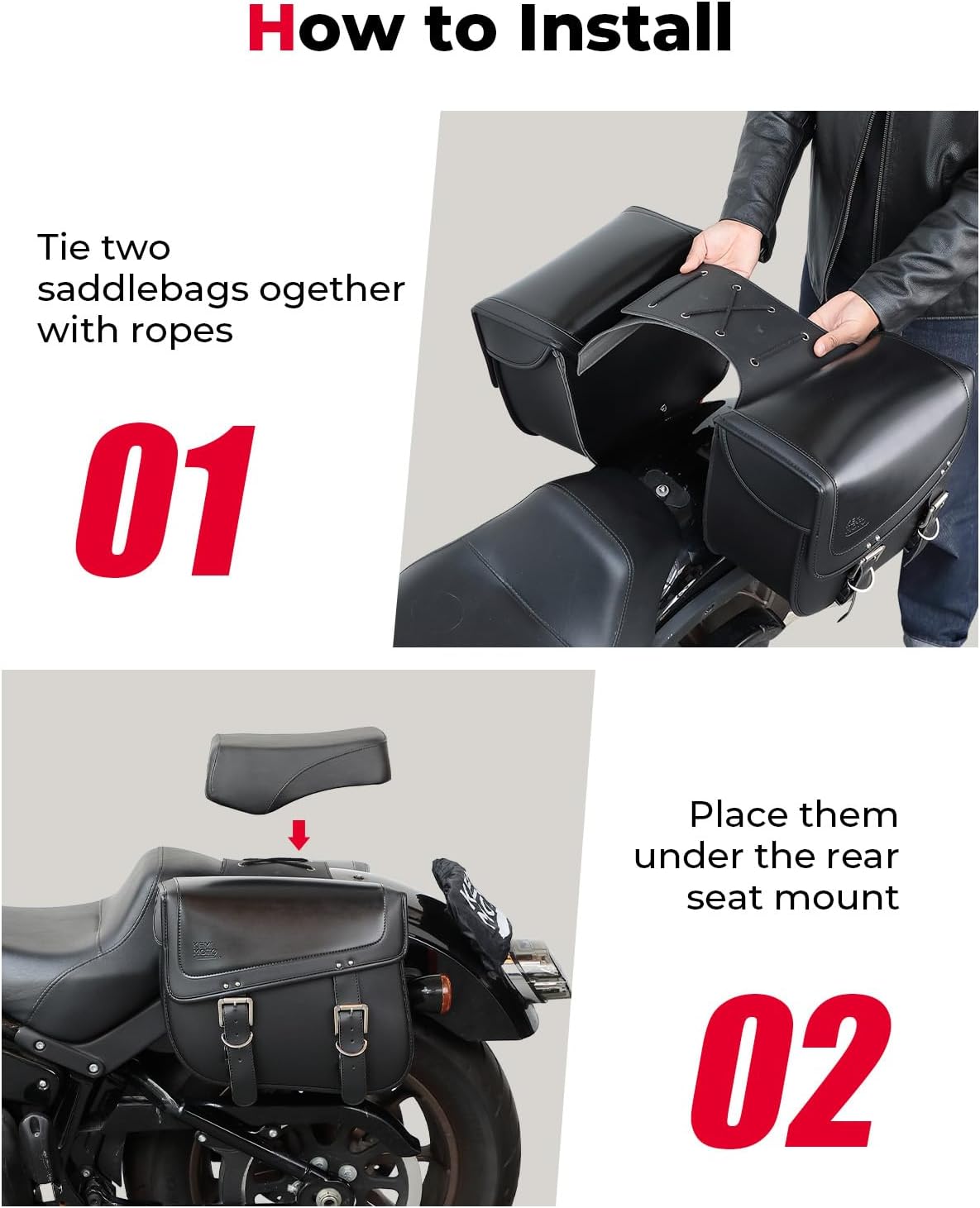 Detalle de KEMIMOTO Motorcycle Saddlebags 30L PU Leather Saddle Bags (Universal Fit) — Black
