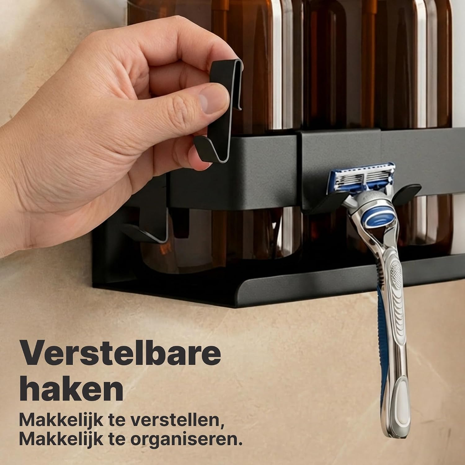 Thumbnail 6 de Minismus doucherek met verplaatsbare haken en veiligheidsrail, zwart roestvrij staal