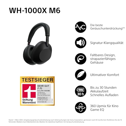 Detalle de Sony WH-1000XM6 kabellose Noise Cancelling-Kopfhörer – Signature Hi-Res Sound, faltbares Design, 30 Std. NC