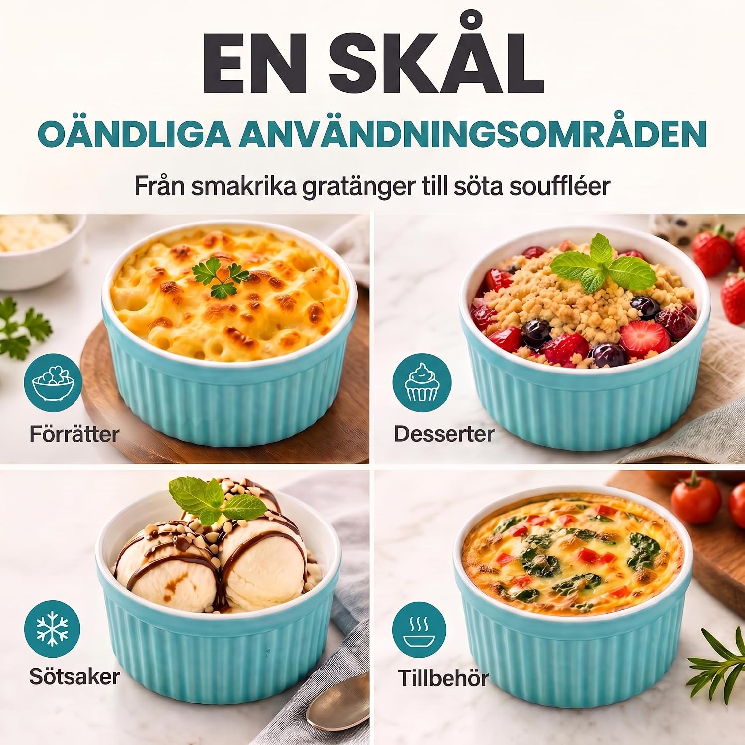 Detalle de Dimono ramekins i keramik, set om 8 – 170 ml, turkosa och ugnssäkra till 350 °C