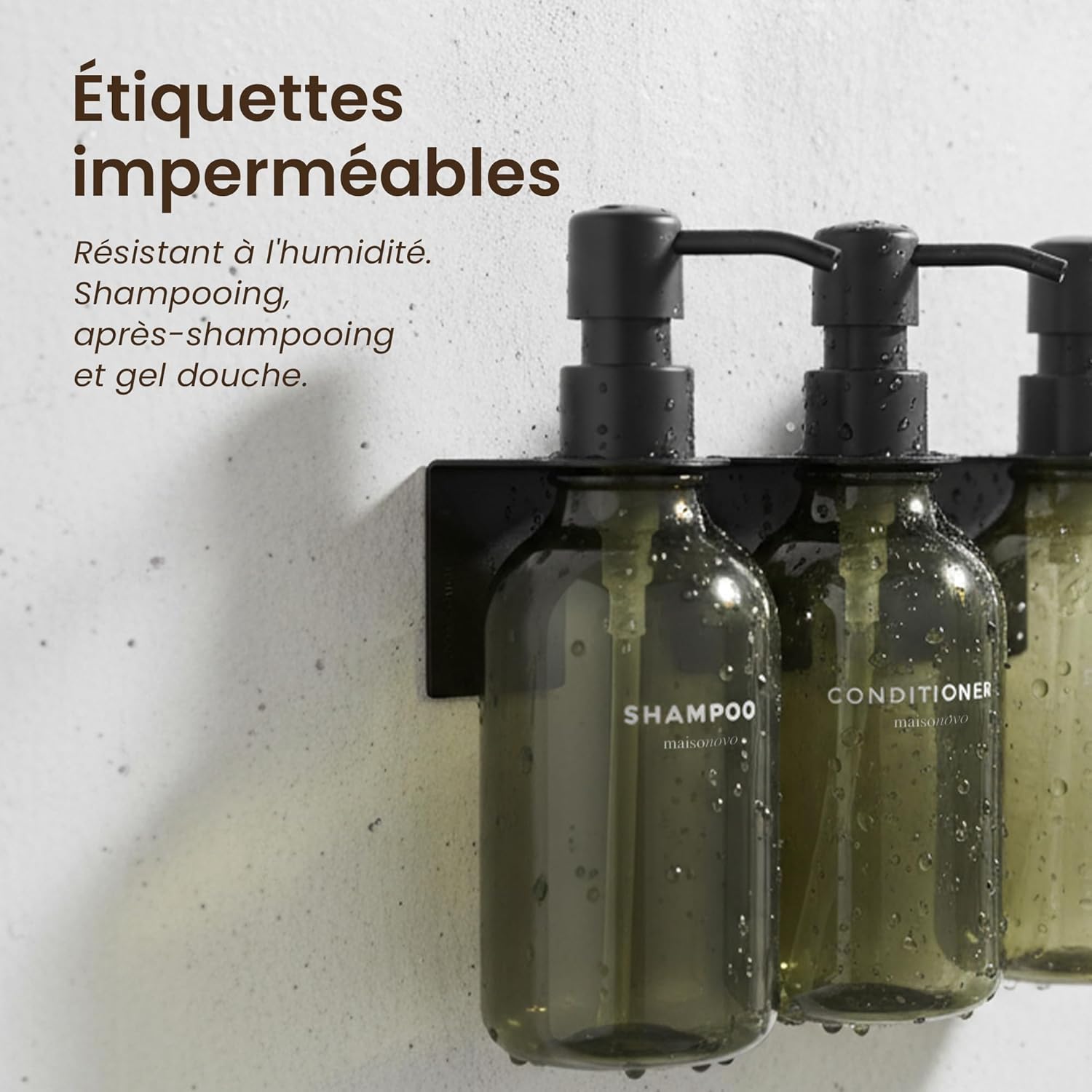 Thumbnail 3 de MaisoNovo Distributeur Savon Mural sans Percage – Lot de 3, 500 ml, Vert avec Pompes Noires