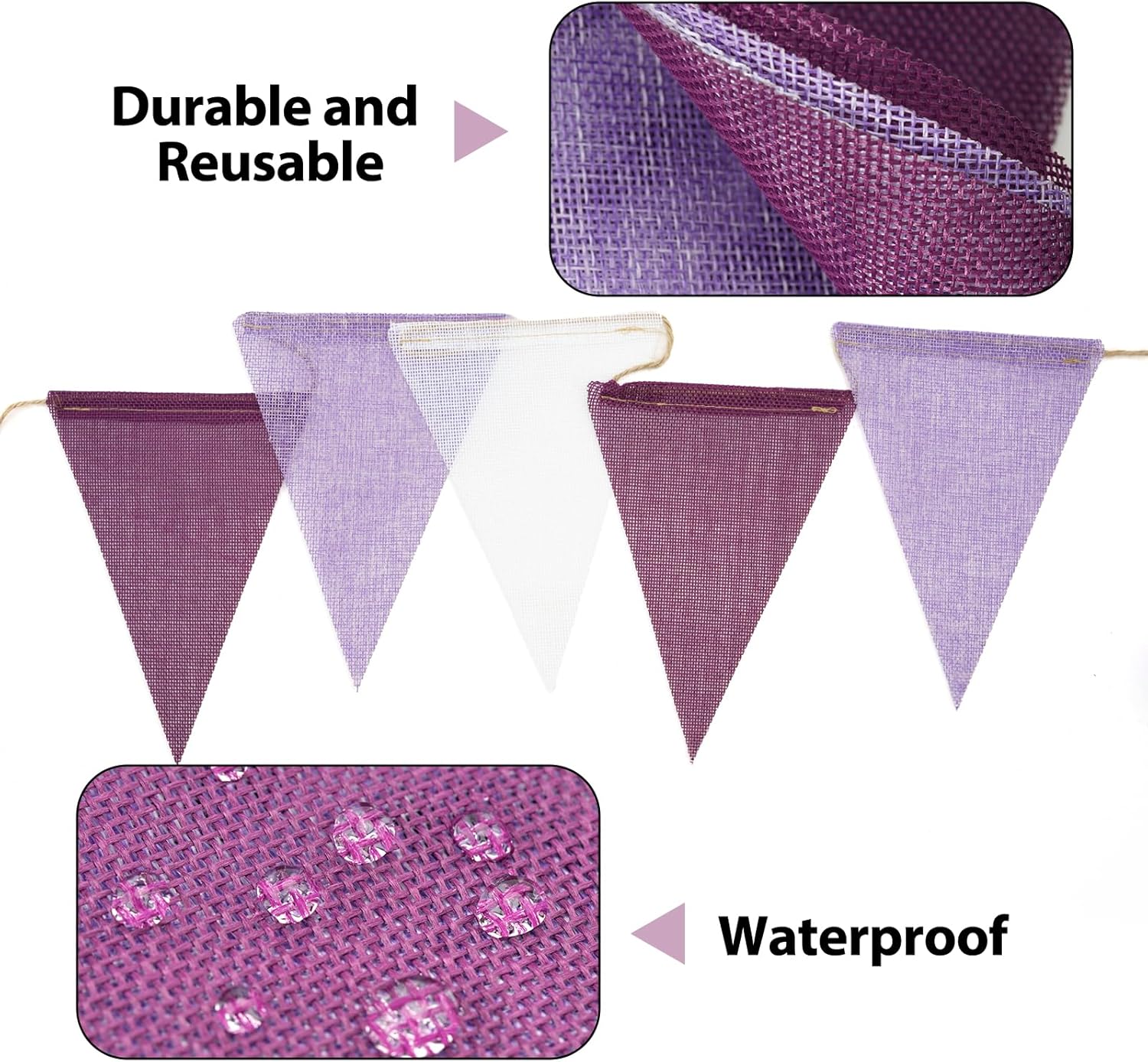 Detalle de G2PLUS Purple White Burlap Triangle Bunting (60 pieces) – Reusable waterproof hessian party flags, 20m for weddings, baby showers & garden décor