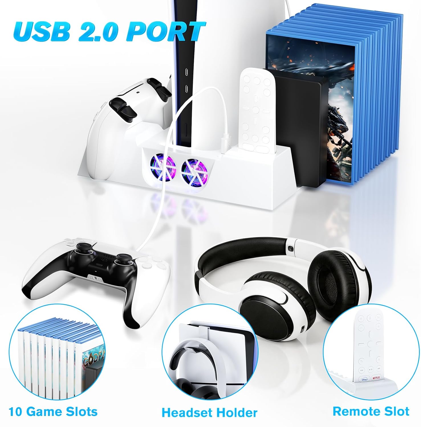 Thumbnail 6 de Nonbliep LED Stand and Cooling Station for PS5 (Digital/Disc, Slim, Pro) with Dual Controller Charging and 9-Disc Storage