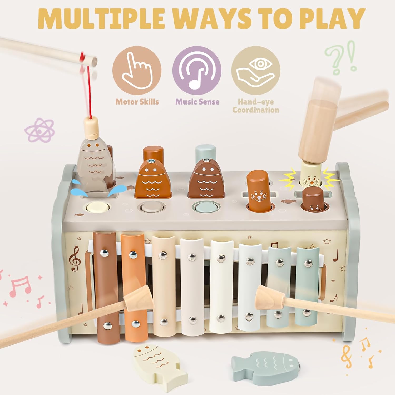 Thumbnail 4 de Joyreal Wooden Montessori Toys for 1 Year Old – Hammering Pounding Bench, Xylophone & Fishing Game