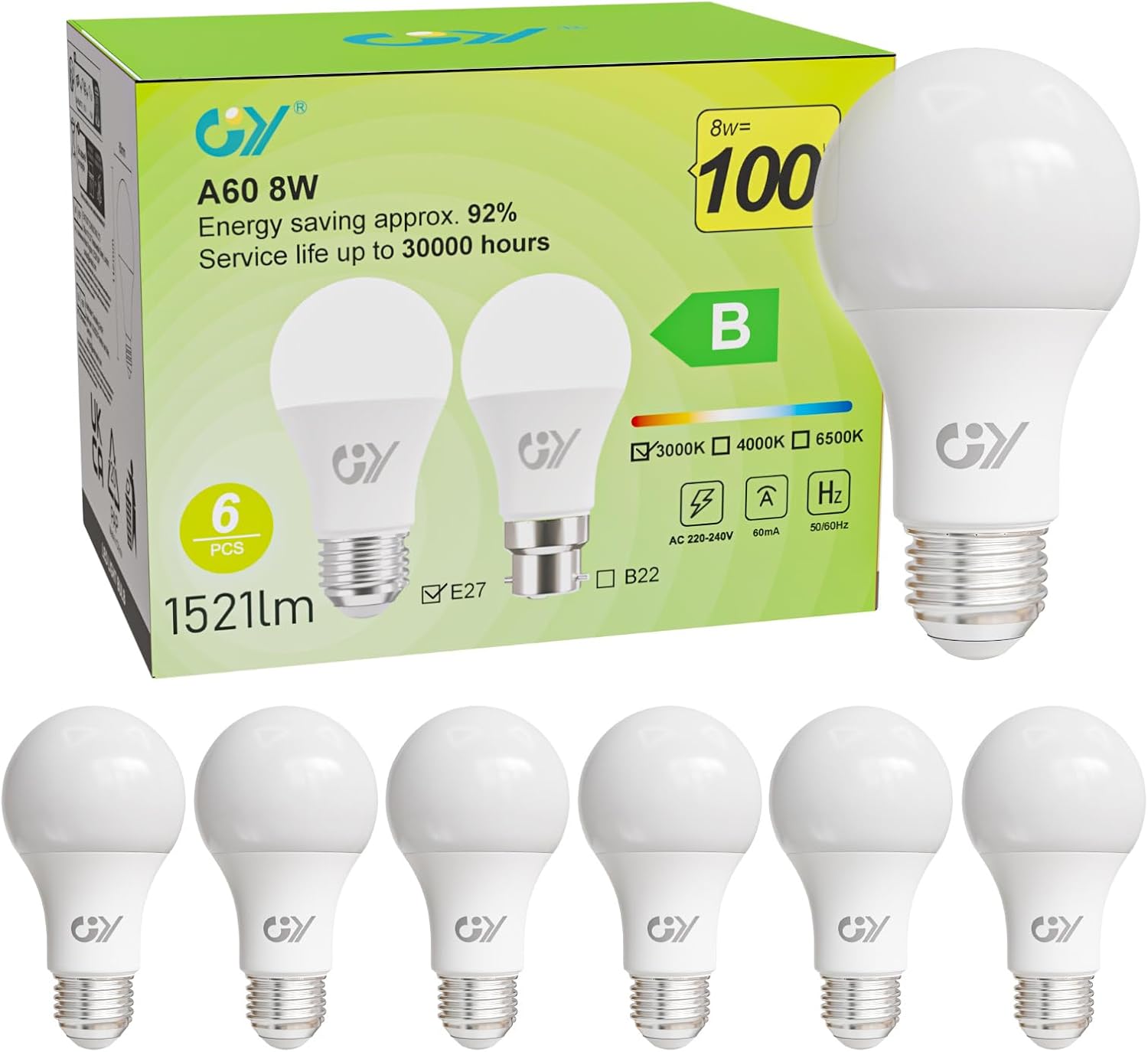 Detalle de GY E27 LED Warmweiß A60, 8 W ersetzt 100 W, 1.521 lm, 360° – nicht dimmbar (6 Stück)