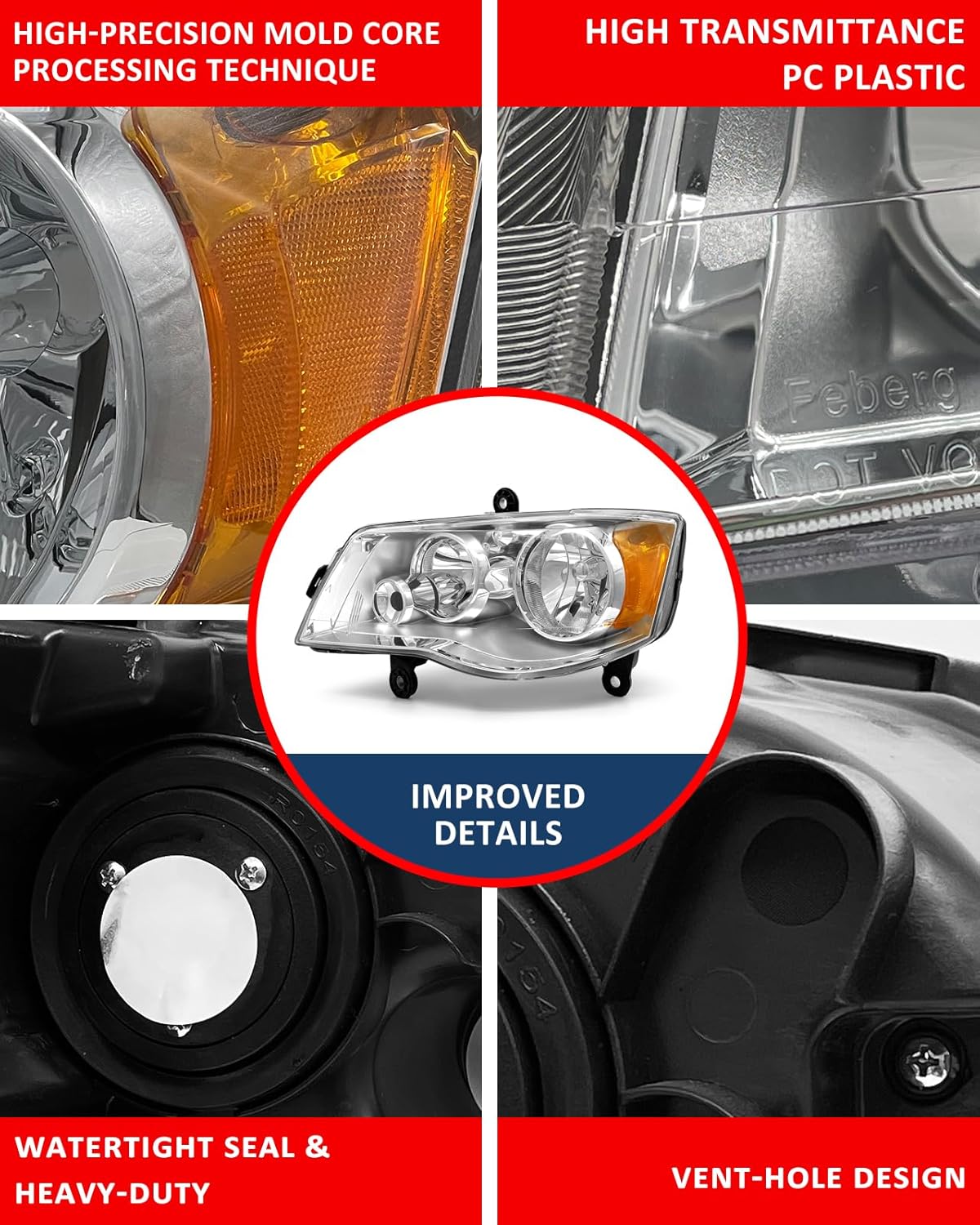 Detalle de ADCARLIGHTS OE-style Headlights for 2011–2018 Dodge Grand Caravan and 2008–2016 Chrysler Town & Country (Chrome Housing, Amber Reflector)