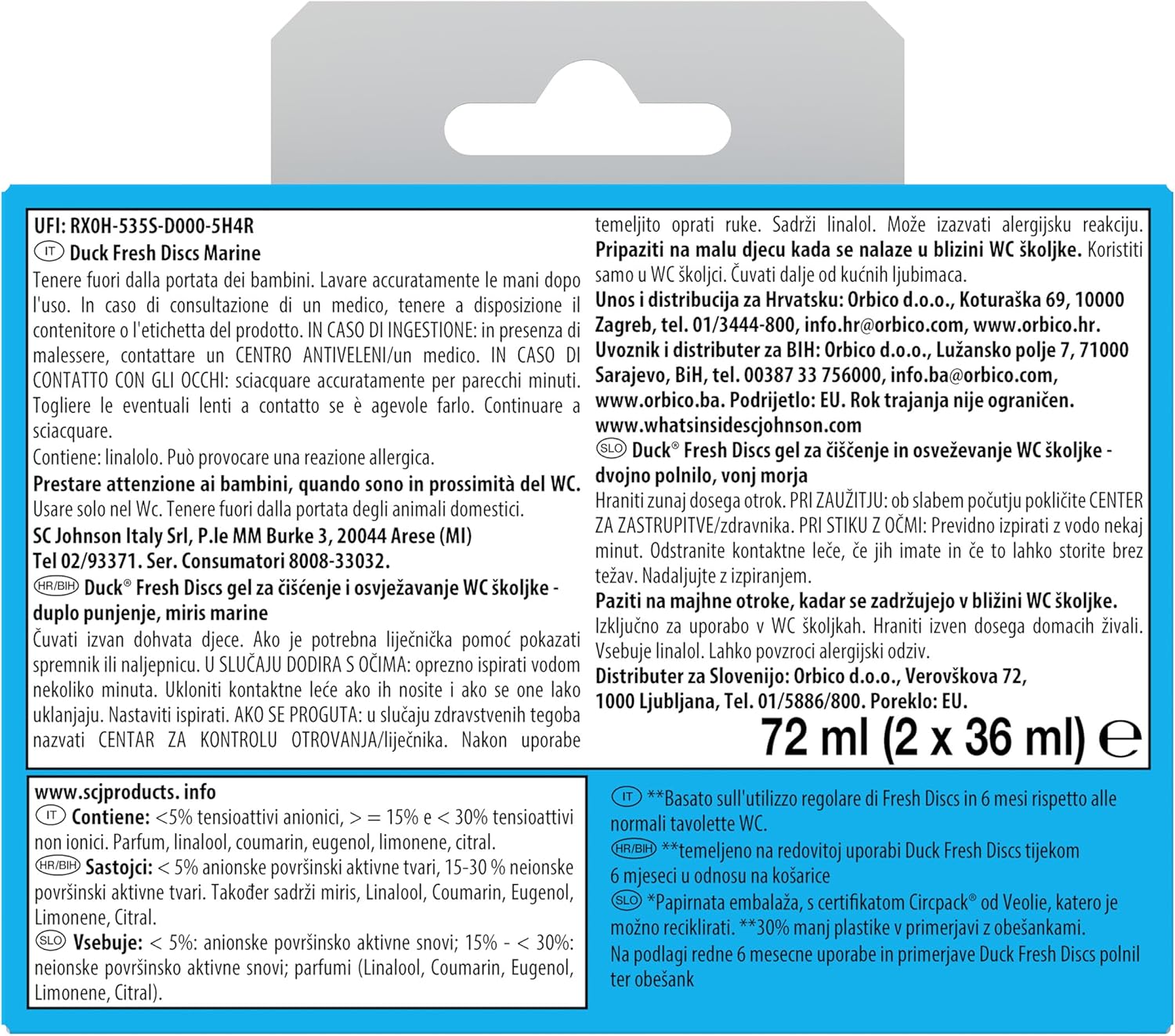 Detalle de Duck Fresh Discs – Dischi gel igienizzanti WC, Brezza Marine, 36 Dischi (6 Ricariche)