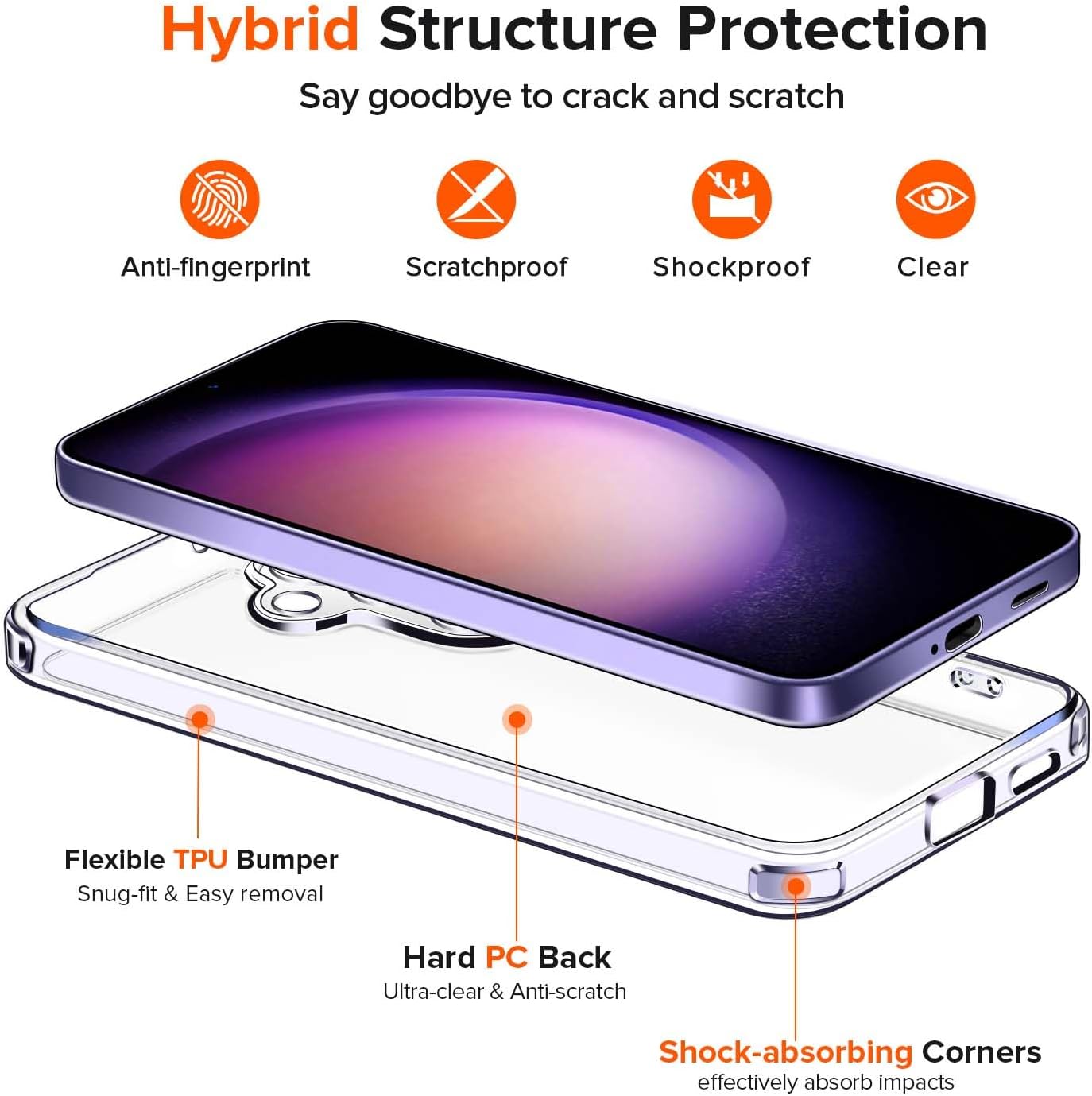 Detalle de ivoler Clear Case for Samsung Galaxy S24 5G with Tempered Glass (2 Pieces) – Transparent, Anti-Yellow, Military-Grade Protection