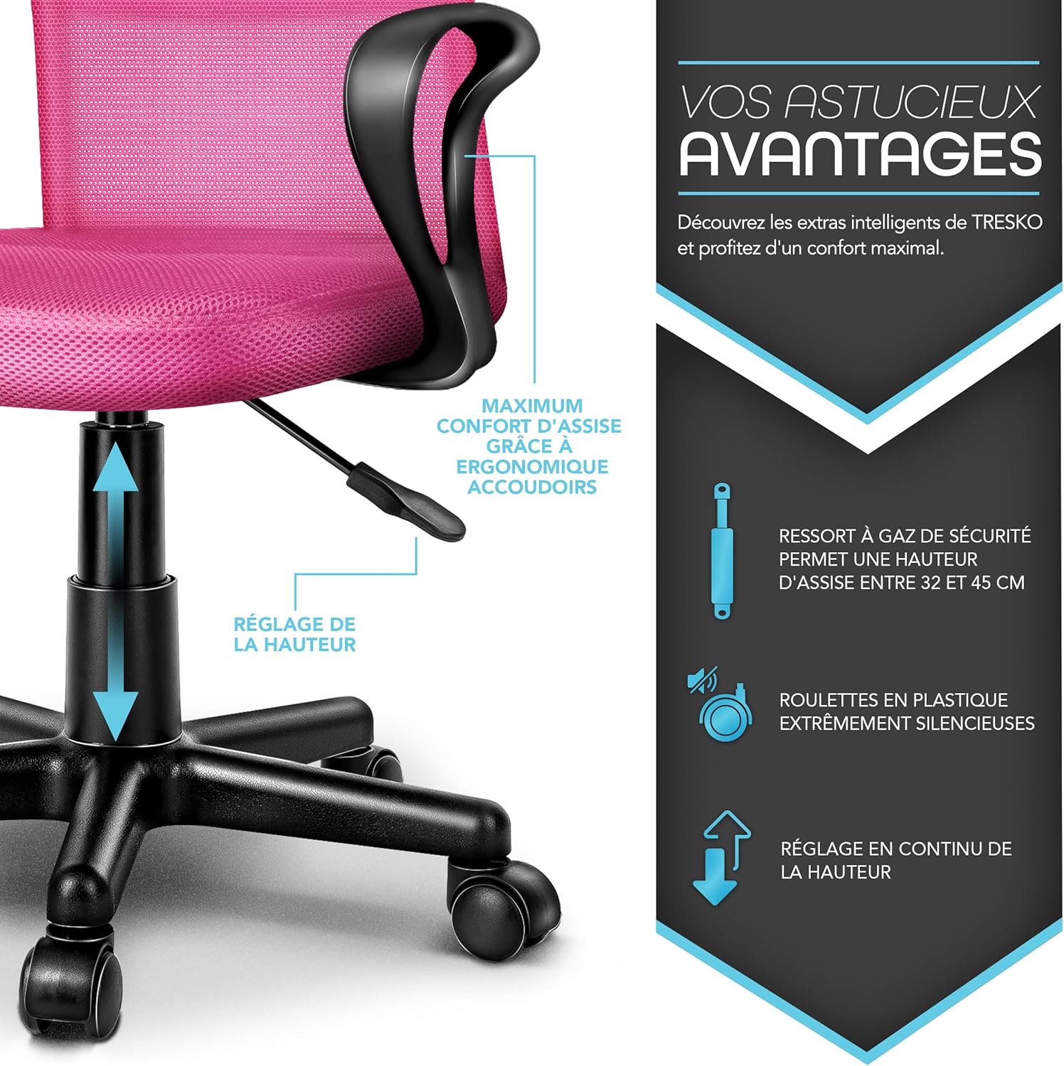 Thumbnail 3 de TRESKO Chaise de bureau Ergonomique avec accoudoirs et vérin à gaz – version Lift SGS contrôlé