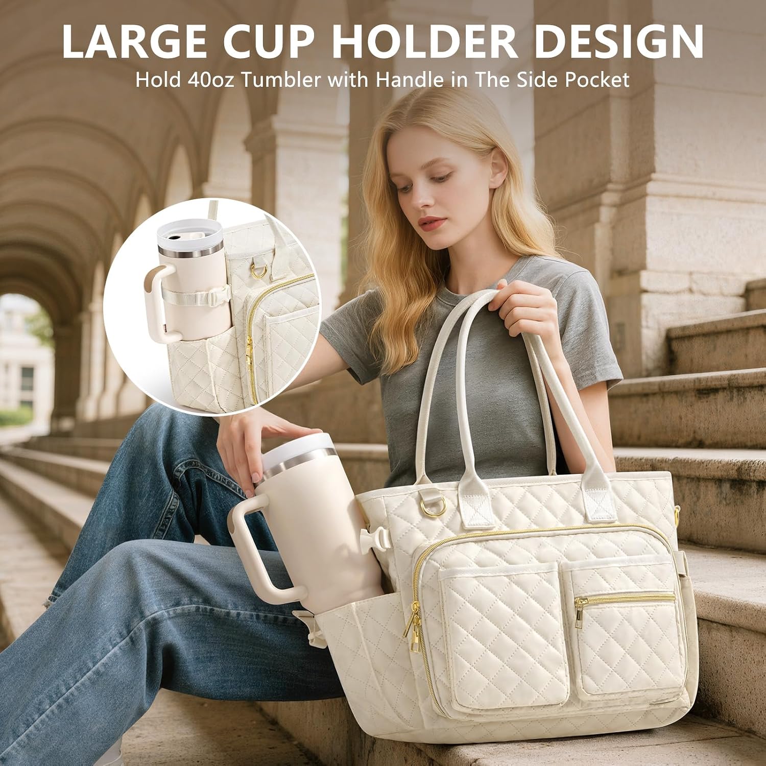 Detalle 1 de FLOE SJTT001 Quilted Bible Tote Bag with Study Supplies and Laptop Sleeve