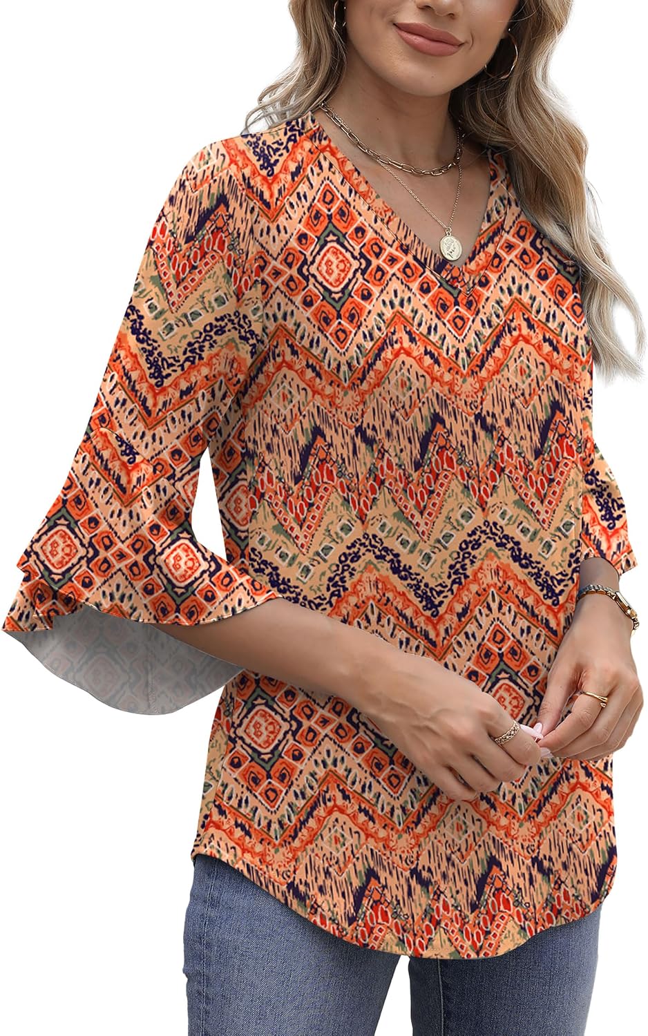 Detalle de Aokosor Womens 3/4 Sleeve Top – V‑Neck Ruffle Tunic with Flared Sleeves