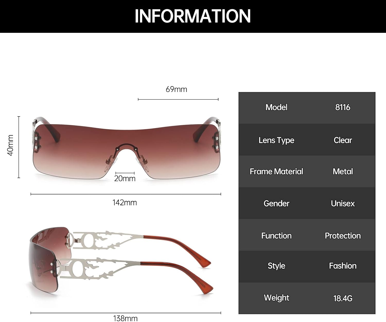 Detalle de YAMEIZE Trendige randlose Y2K Wraparound Sonnenbrille – Oversized, UV400, für Sie & Ihn