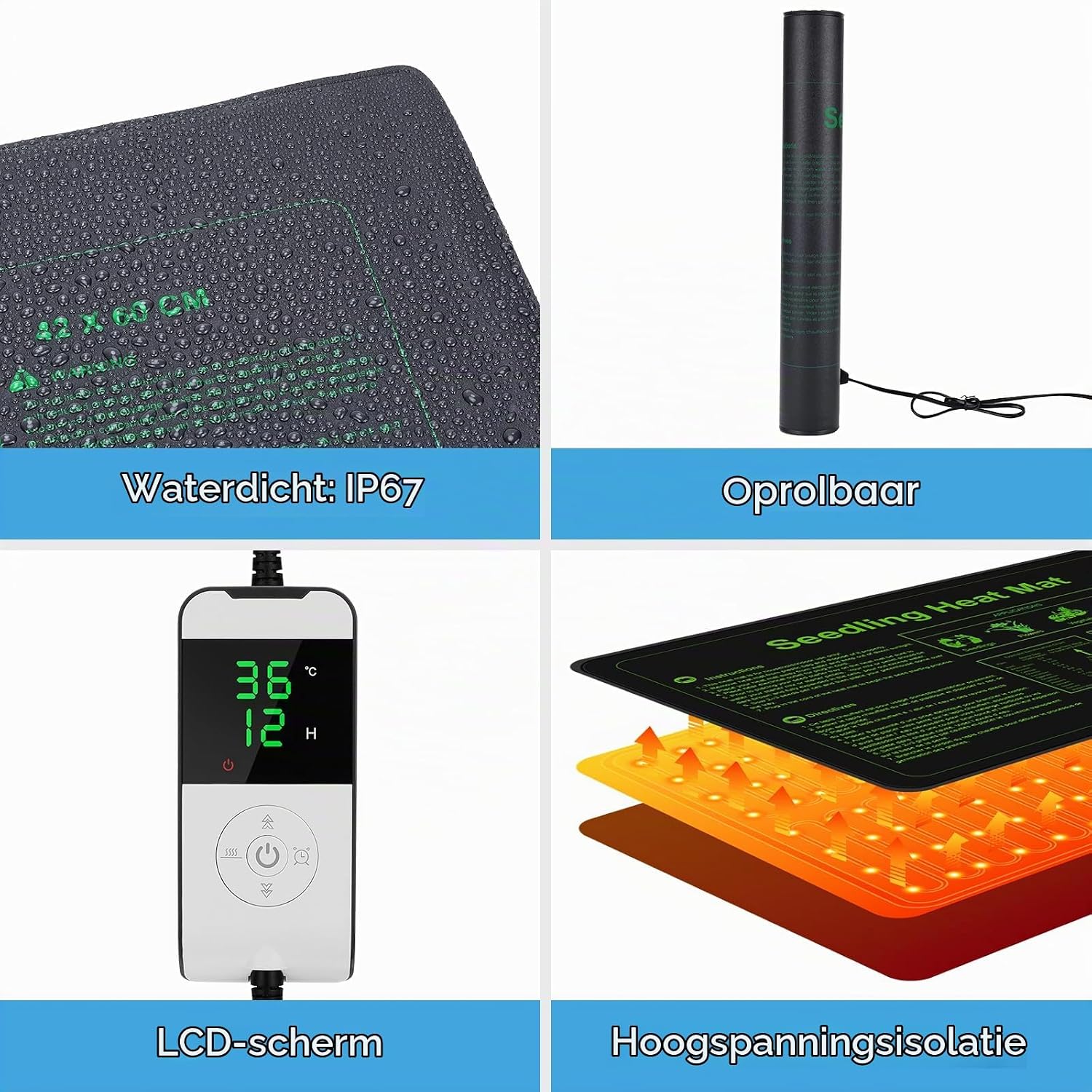 Detalle 1 de WADEO verwarmingsmat voor planten 60 x 42 cm, 30 W met thermostaat en timer