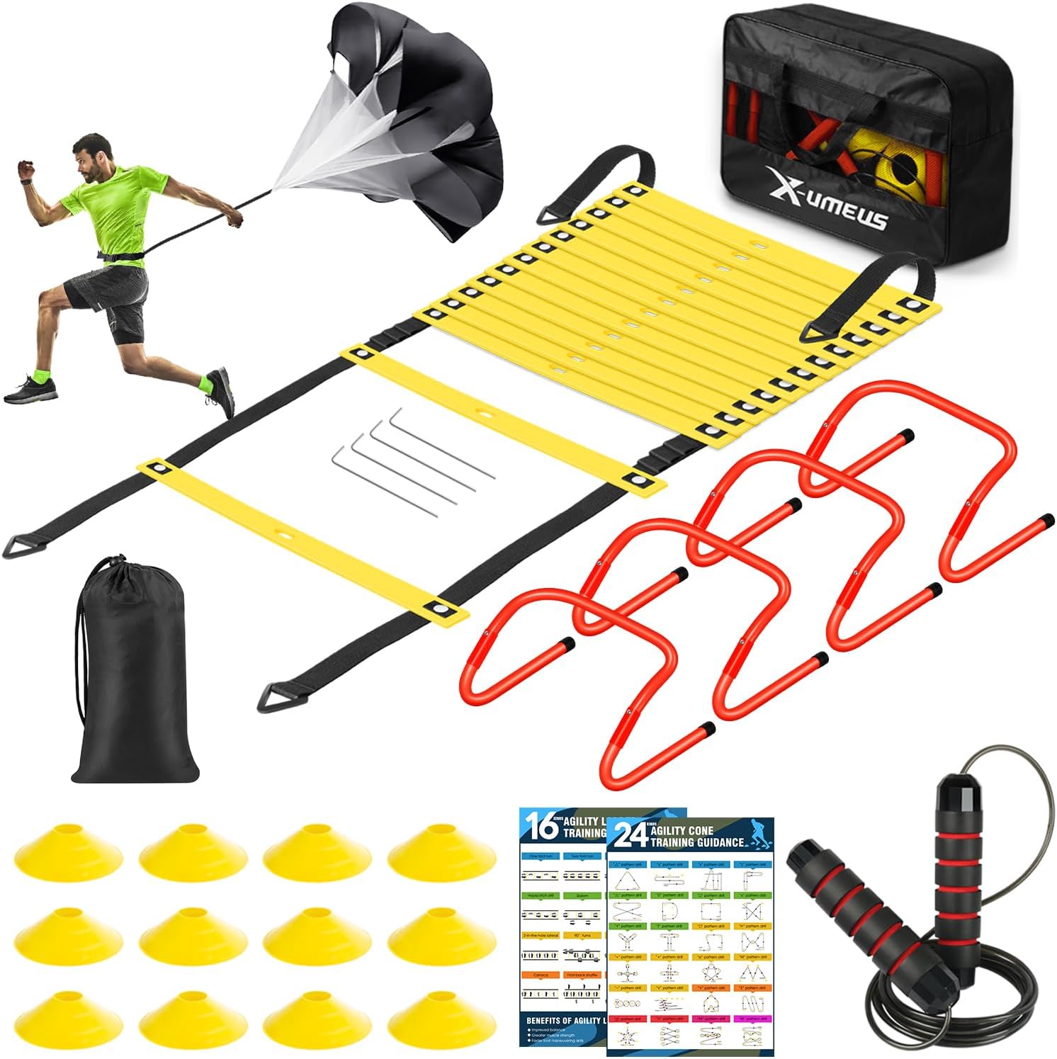 Detalle de X-UMEUS Agility Ladder Speed Training Equipment Set (20ft ladder, cones, hurdles, jump rope, speed parachute)