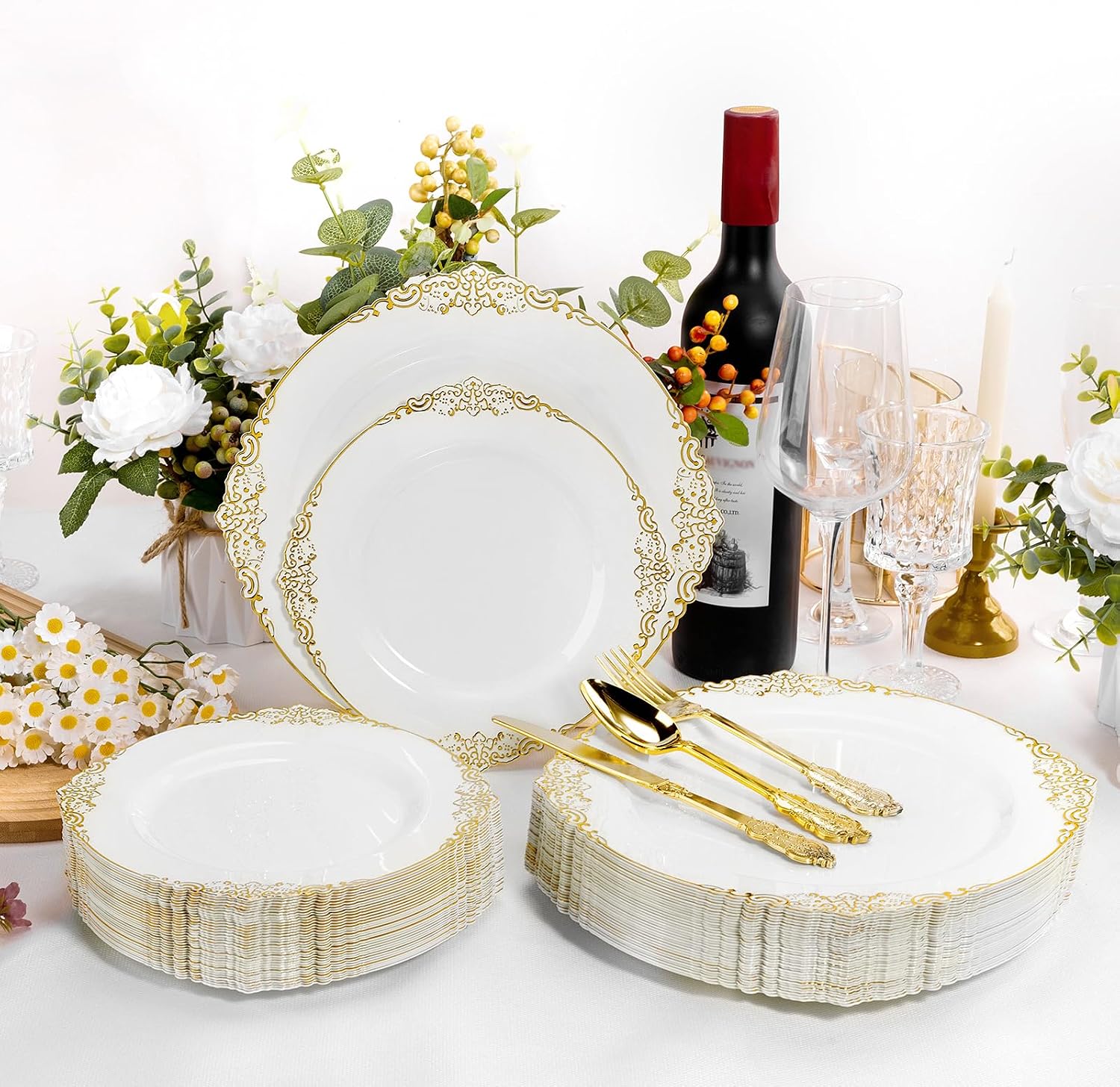 Thumbnail 5 de Bestluck 200 PCS White and Gold Plastic Plates 10.25