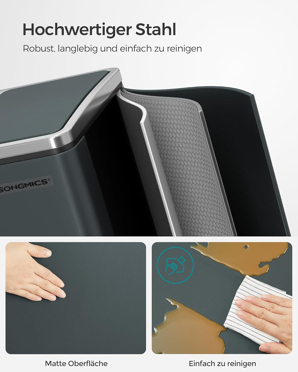Detalle de SONGMICS Mülleimer Küche 2 x 15 Liter – langlebiges Mülltrennsystem mit Fußpedal, Softclose-Deckel und 15 Müllbeutel, grüngrau LTB30GS