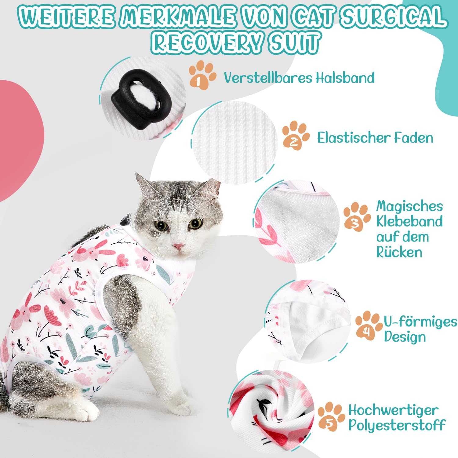 Thumbnail 2 de Eyein Katzenbody nach OP (atmungsaktiv, anti-leckend) – Erholungsanzug statt E-Kragen, verstellbar, Weiß, Größe L