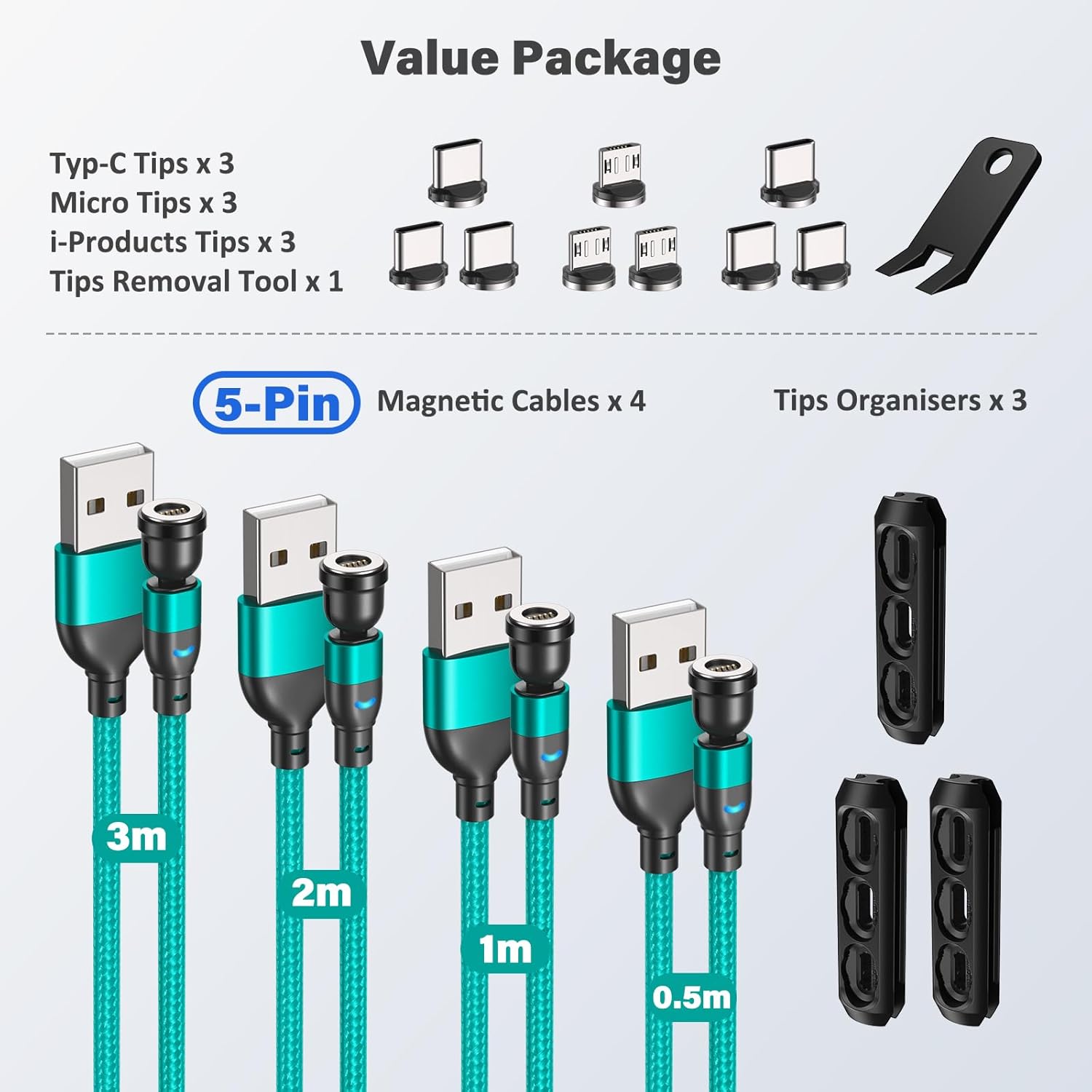 Thumbnail 1 de TUNKIA 5Pin Magnet Ladekabel (3-in-1) 4er-Set mit drehbarem Magnetkopf, 0,5–3 m – grün