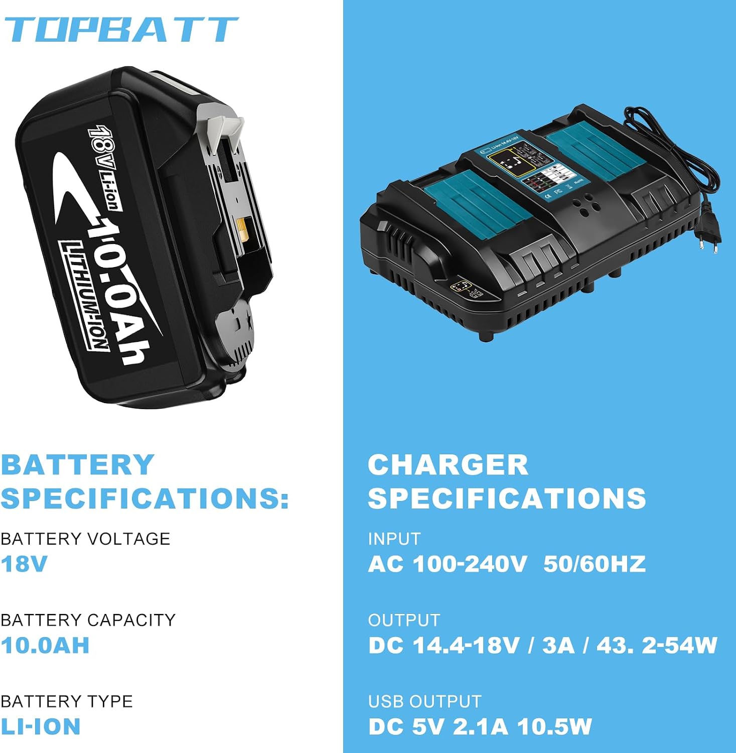 Detalle 2 de 2Stück 10000mAh BL1860B Akku-Set mit Doppelaufladung 3A DC18RD Ladegerät für Makita 14,4–18V