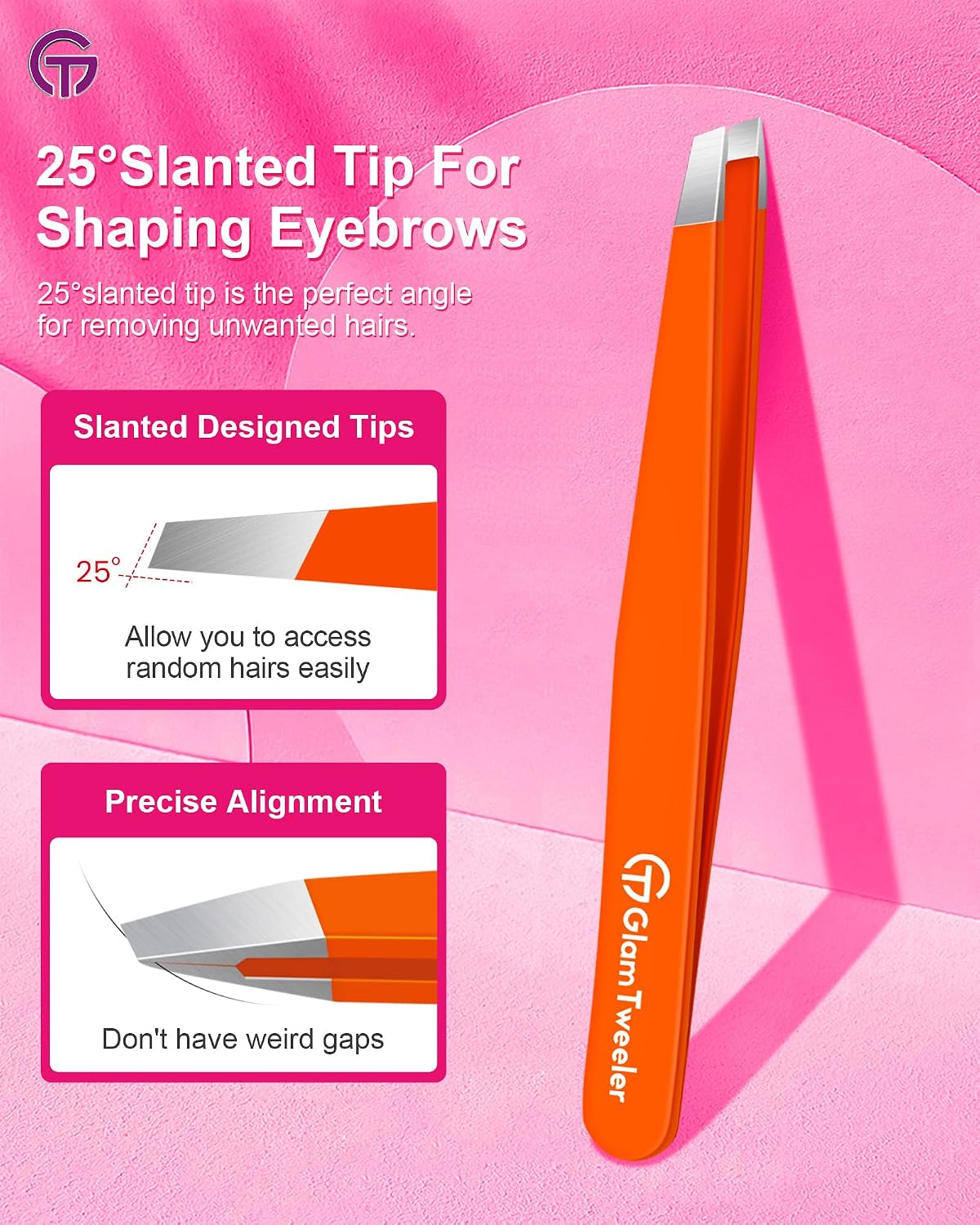 Detalle de GlamTweeler Expert Eyebrow Hair Removal Tweezer with Leather Case (Orange) – slant tip stainless steel tweezers