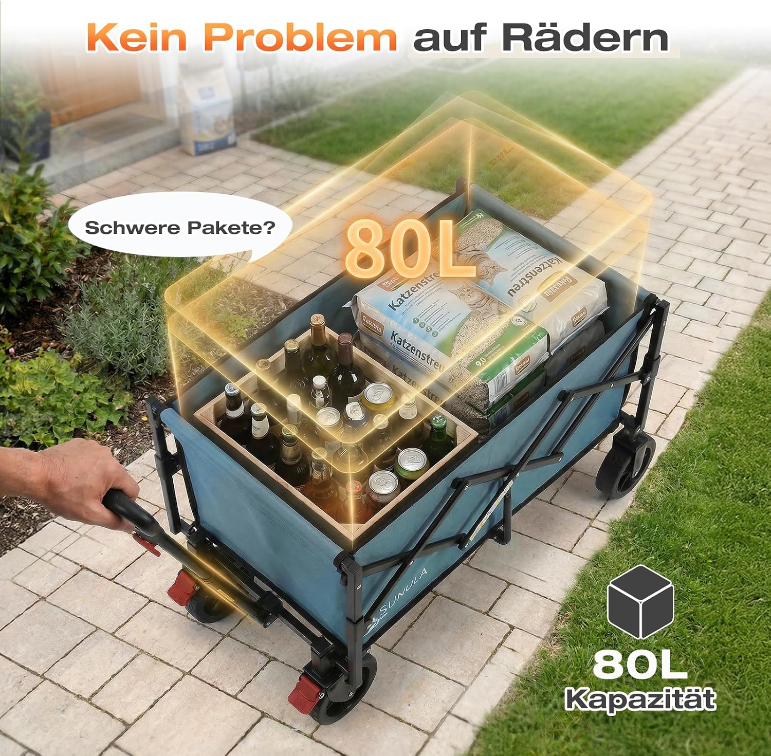 Detalle de SUNULA Faltbarer Bollerwagen 80L/100kg – kompakt, faltbar, blau