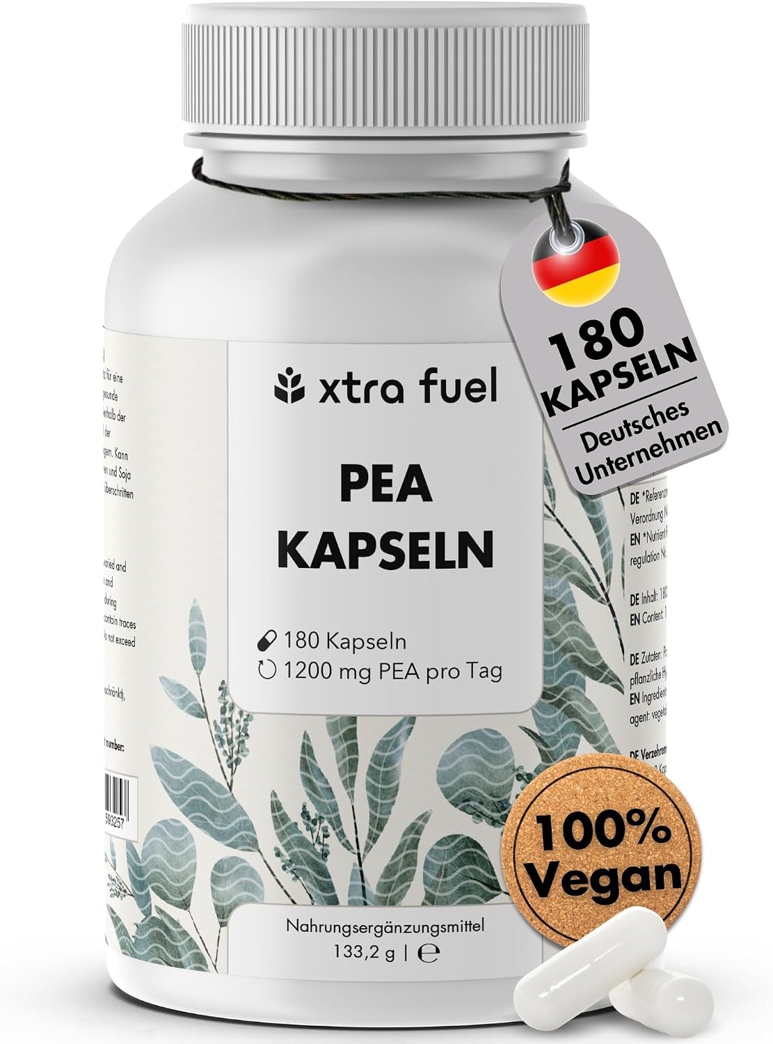 Detalle de PEA Kapseln – 180 Kapseln hochdosiert, mikronisiertes Palmitoylethanolamid (1200 mg/Tag) – vegan