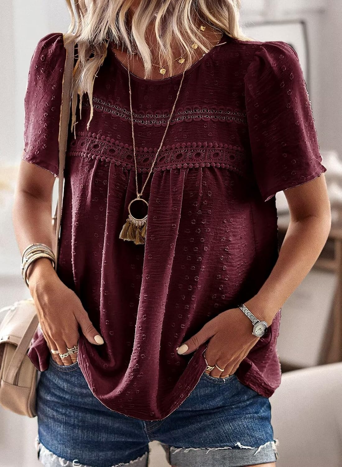 Detalle de TUUHAW Top Damen Sommer Boho Bluse Kurzarm mit Häkelspitze – Rundhals, Fließend, Lässig