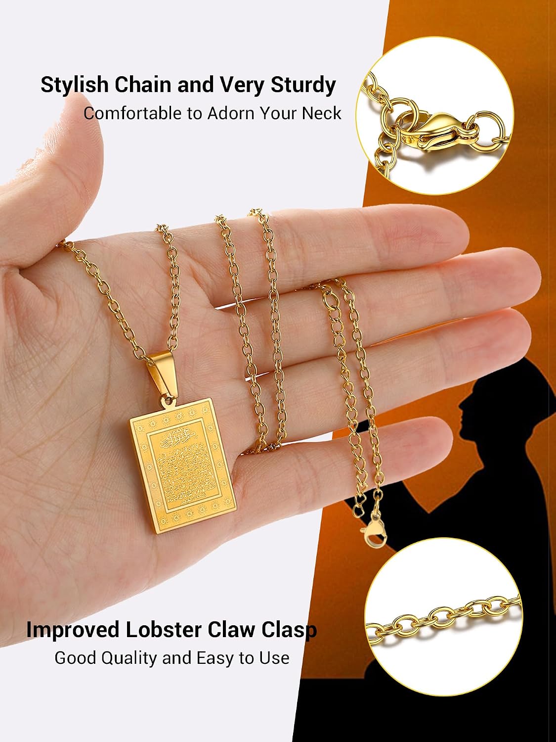 Detalle de PROSTEEL Collana Pendente “Muhammad Allah” con Corano, catena regolabile 50–60 cm in acciaio inox/placcato oro 18K