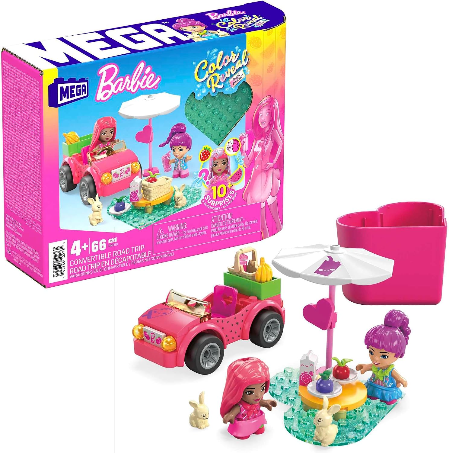 Detalle de MEGA Barbie Color Reveal HKF90 byggset med cabriolet och två mikrodockor
