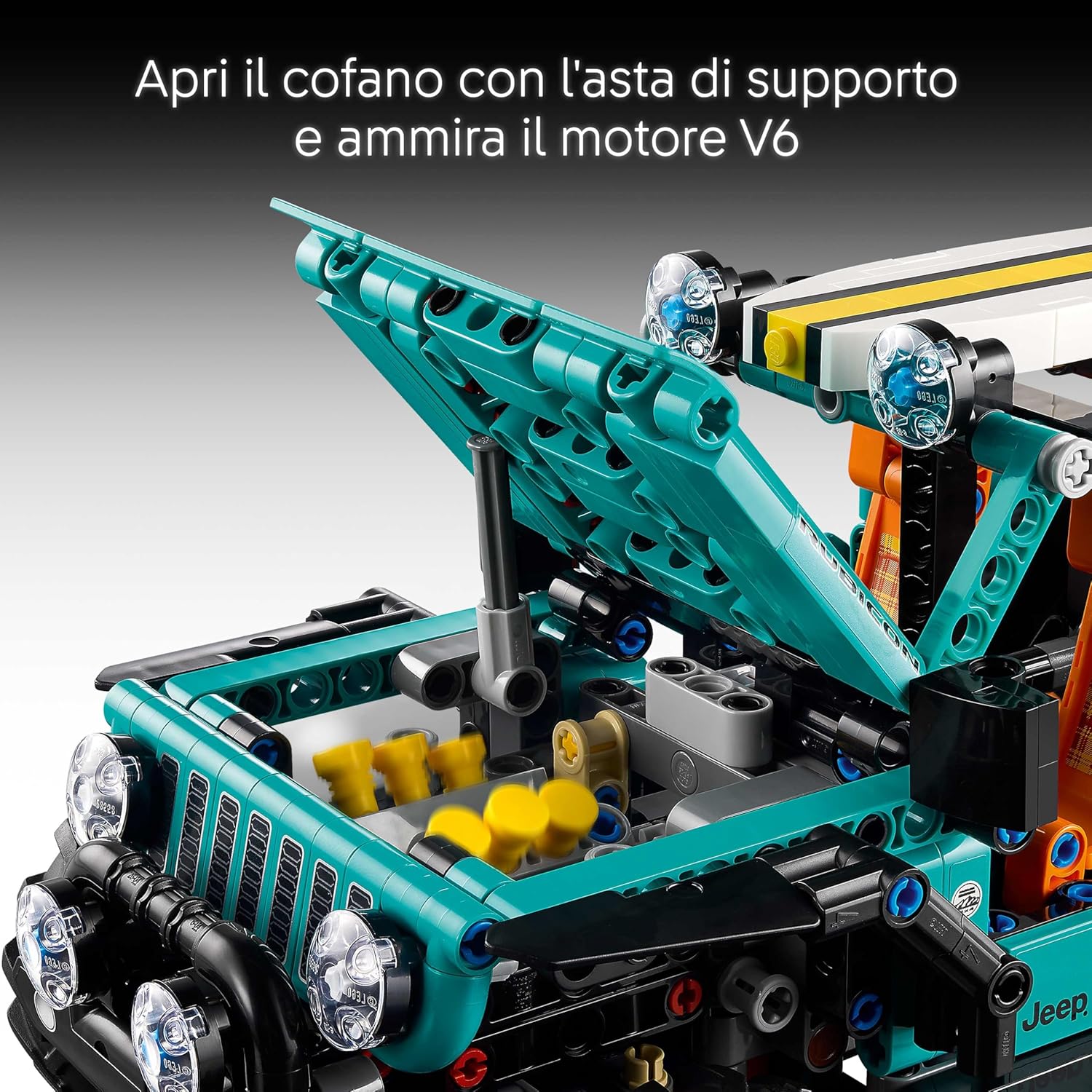 Detalle de LEGO Technic SUV Jeep Wrangler Rubicon 42227 — Avventura fuoristrada con motore V6, sterzo e sospensioni