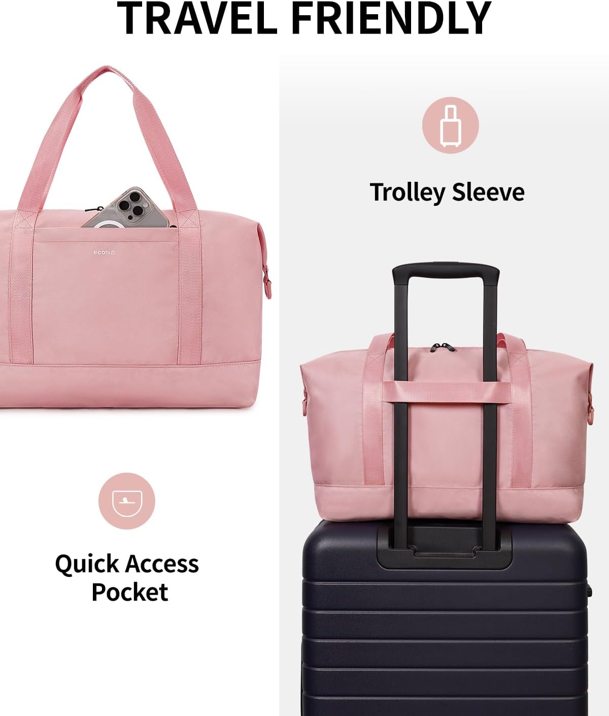 Detalle de ECOHUB Ryanair Cabin Bag 40x30x20cm (24L) with Removable Wet Pocket – Pink underseat travel duffel