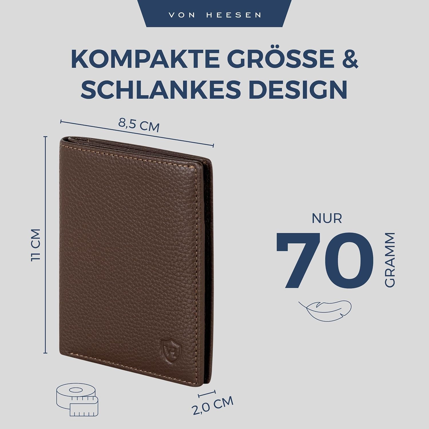 Detalle de VON HEESEN Leder-Geldbörse mit Münzfach & RFID-Schutz – Echtleder Portemonnaie in Braun