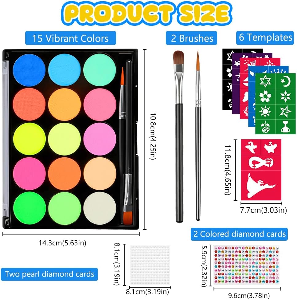 Thumbnail 1 de AOOWU Body Painting kit viso e corpo con 15 colori neon, 41 stencil e glitter adesivi