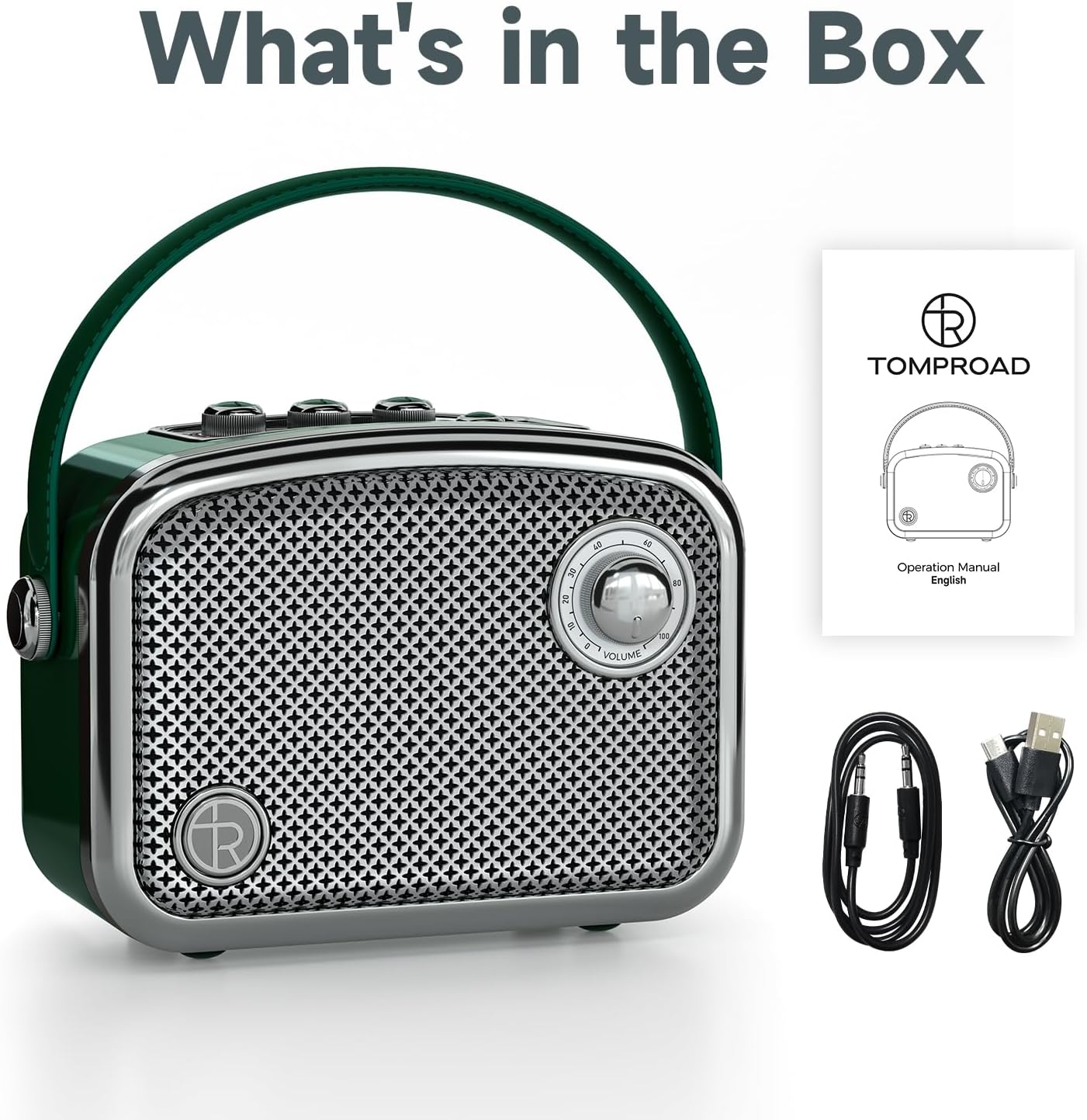 Thumbnail 6 de TOMPROAD Altoparlante Bluetooth portatile in stile vintage, verde – design retrò, maniglia e griglia in metallo