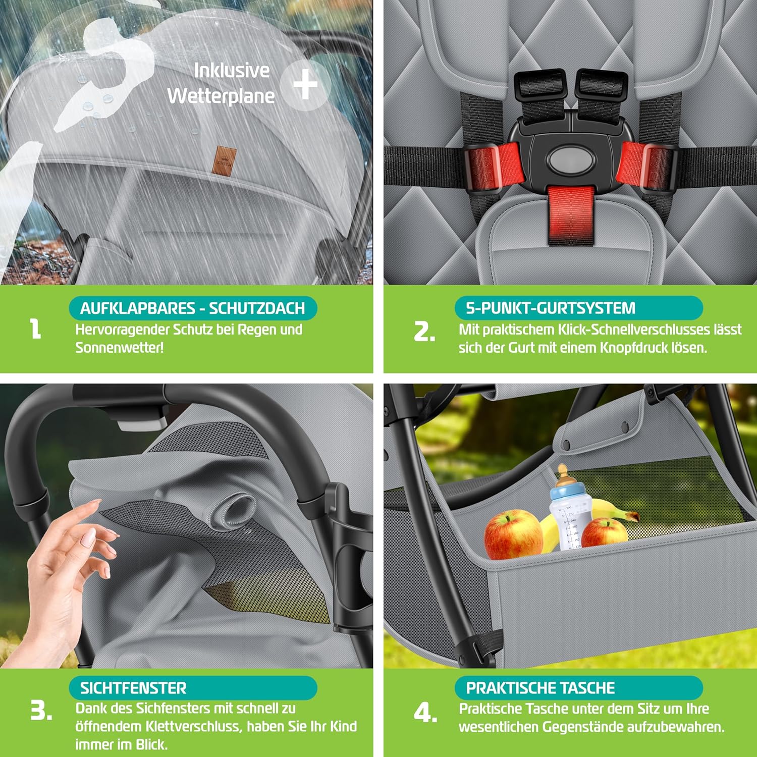 Detalle de KIDIZ® Premium Kinderwagen – kompakter, faltbarer Liegebuggy mit 360° Rädern, 5-Punkt-Gurt & Regenabdeckung