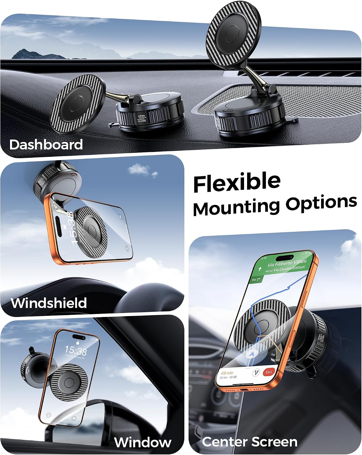Detalle 2 de Car Phone Holder for MagSafe (Carbon Fibre) with 108LBS Vacuum Suction and 360° Rotation