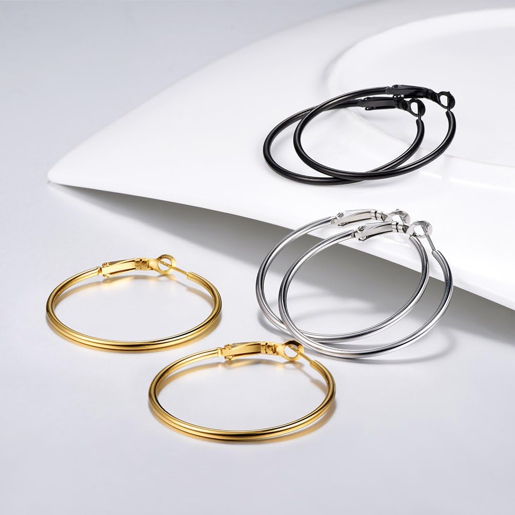Thumbnail 4 de PROSTEEL set di orecchini a cerchio da donna in acciaio inox 316L (argento, nero e oro) con diametro 40 mm